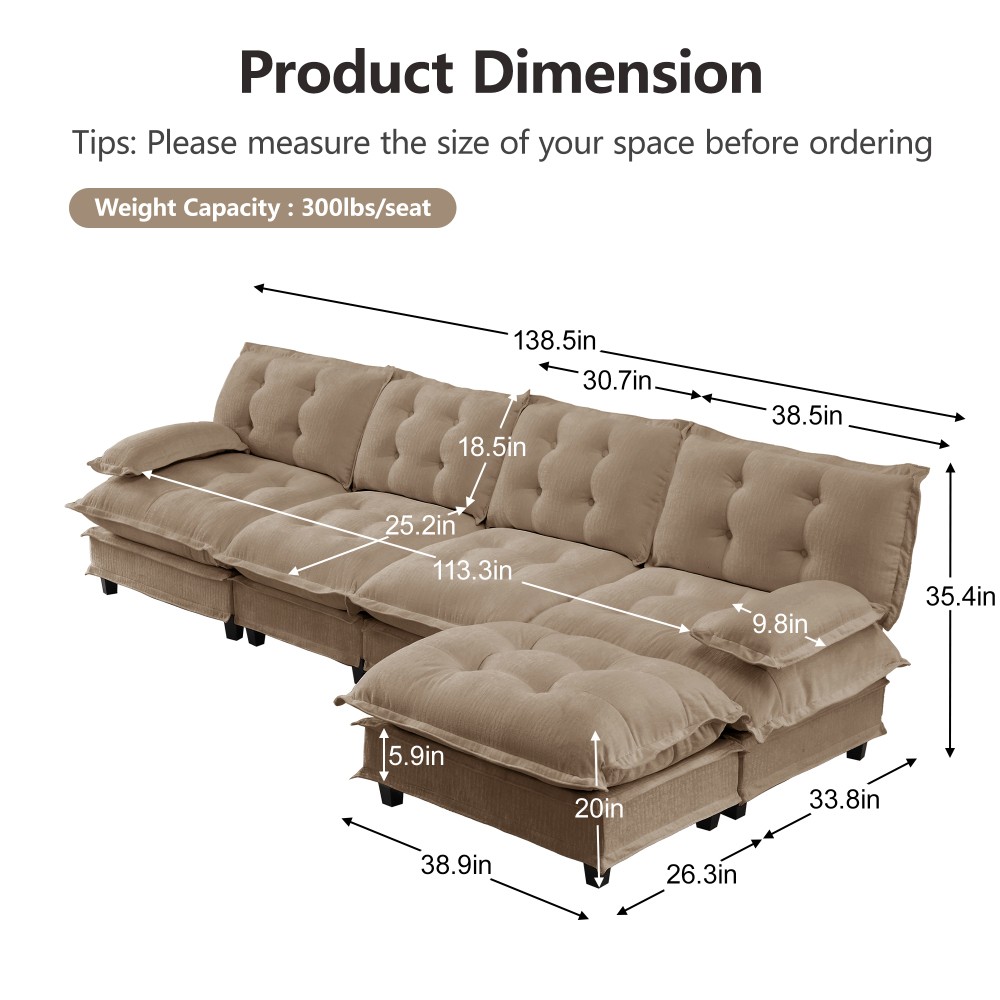 4 Seat L Shaped Sectional Sofa with Ottoman, Chenille Cloud Couch