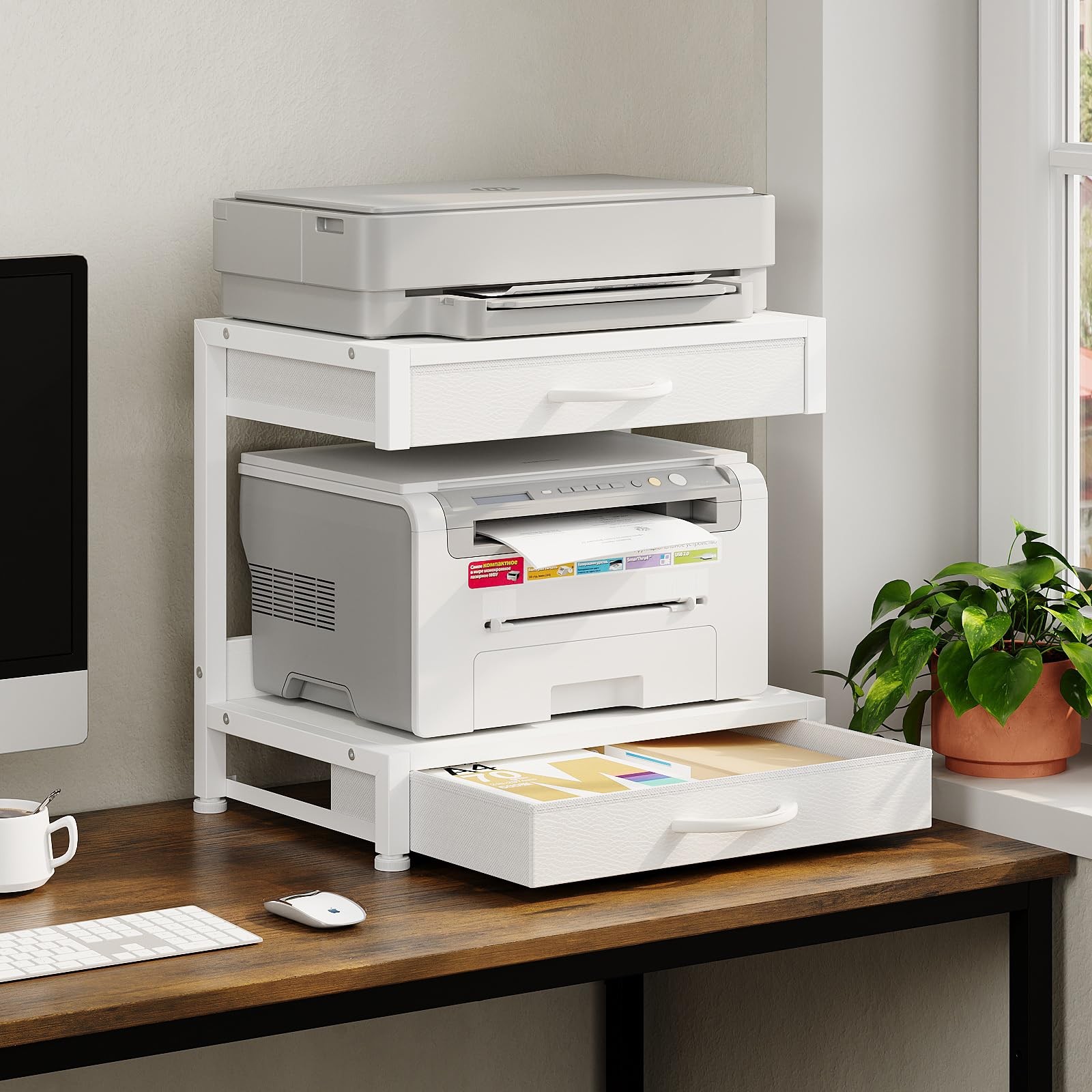 2-Tier Desktop Printer Stand with 2 Fabric Drawers, Prtiner Table with Storag...