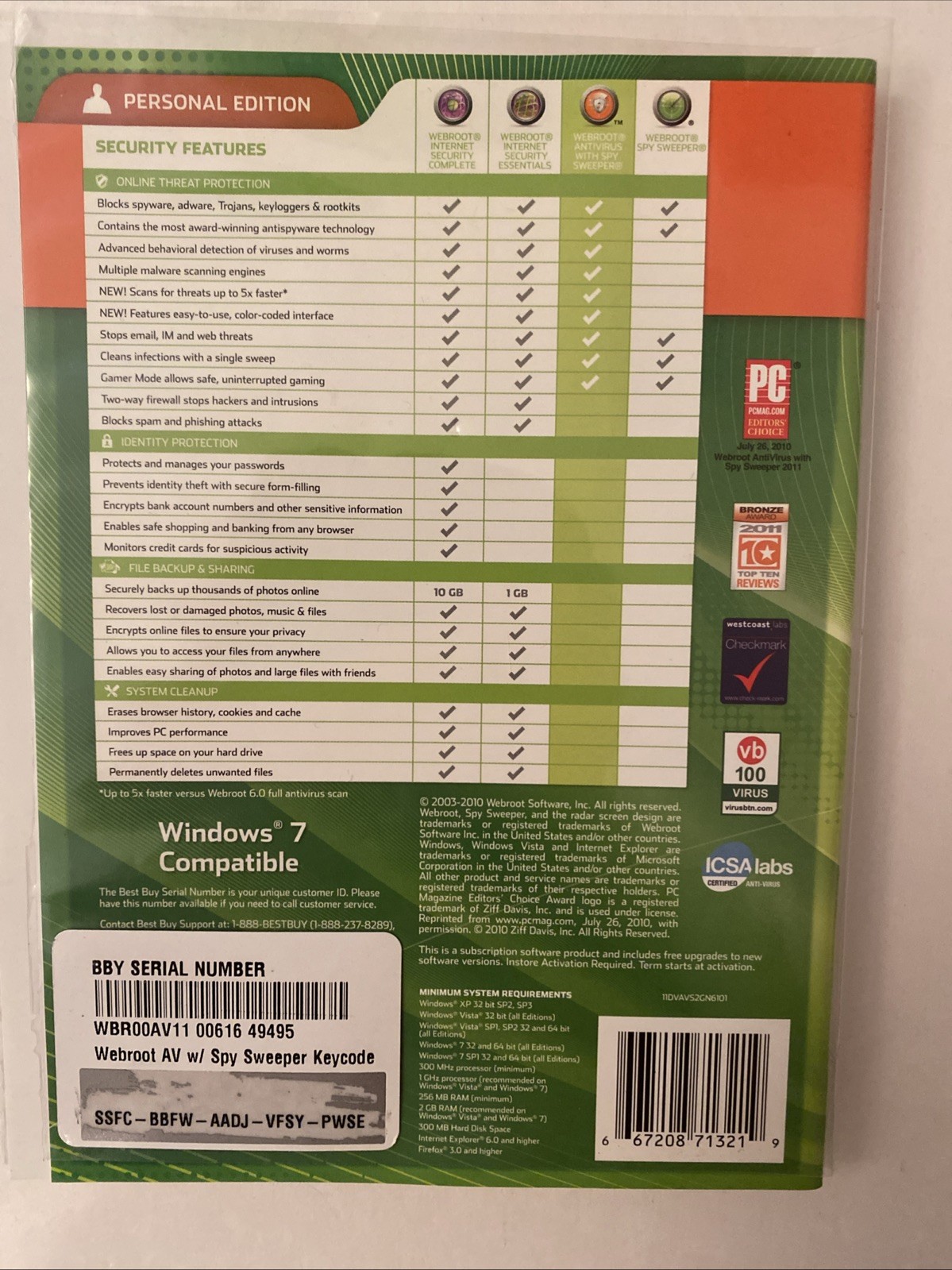 Webroot Antivirus with Spy Sweeper Personal Security PC 2010 Windows