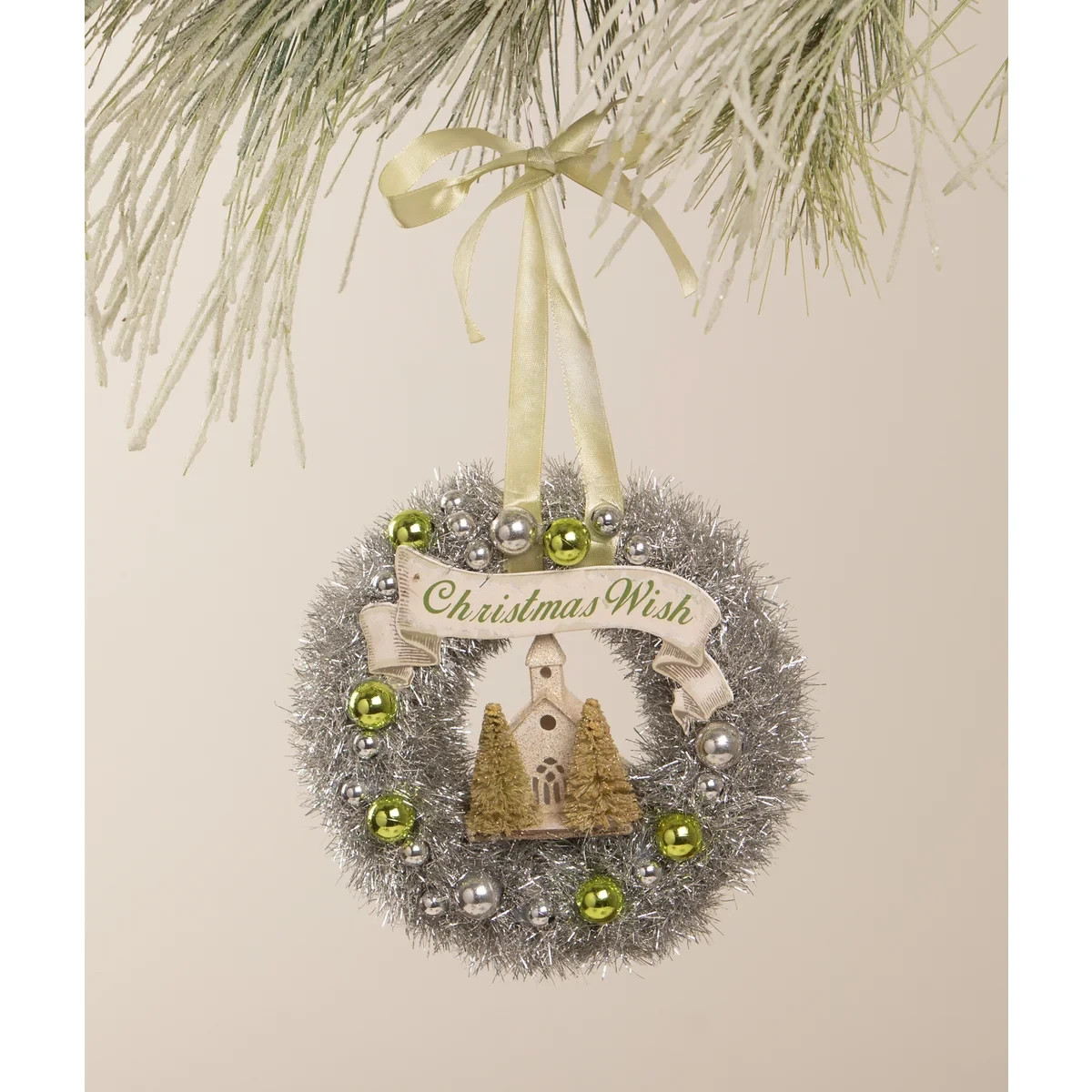 Bethany Lowe Christmas Decor The Pastel Wreath with Church Green Color