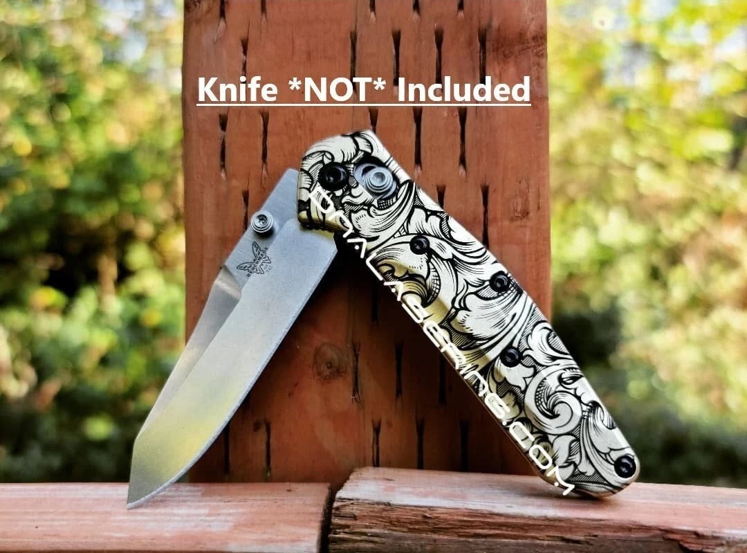 Leaf Scroll – Benchmade 945 MINI Osborne – Deep Laser Engraved Brass Scales ONLY
