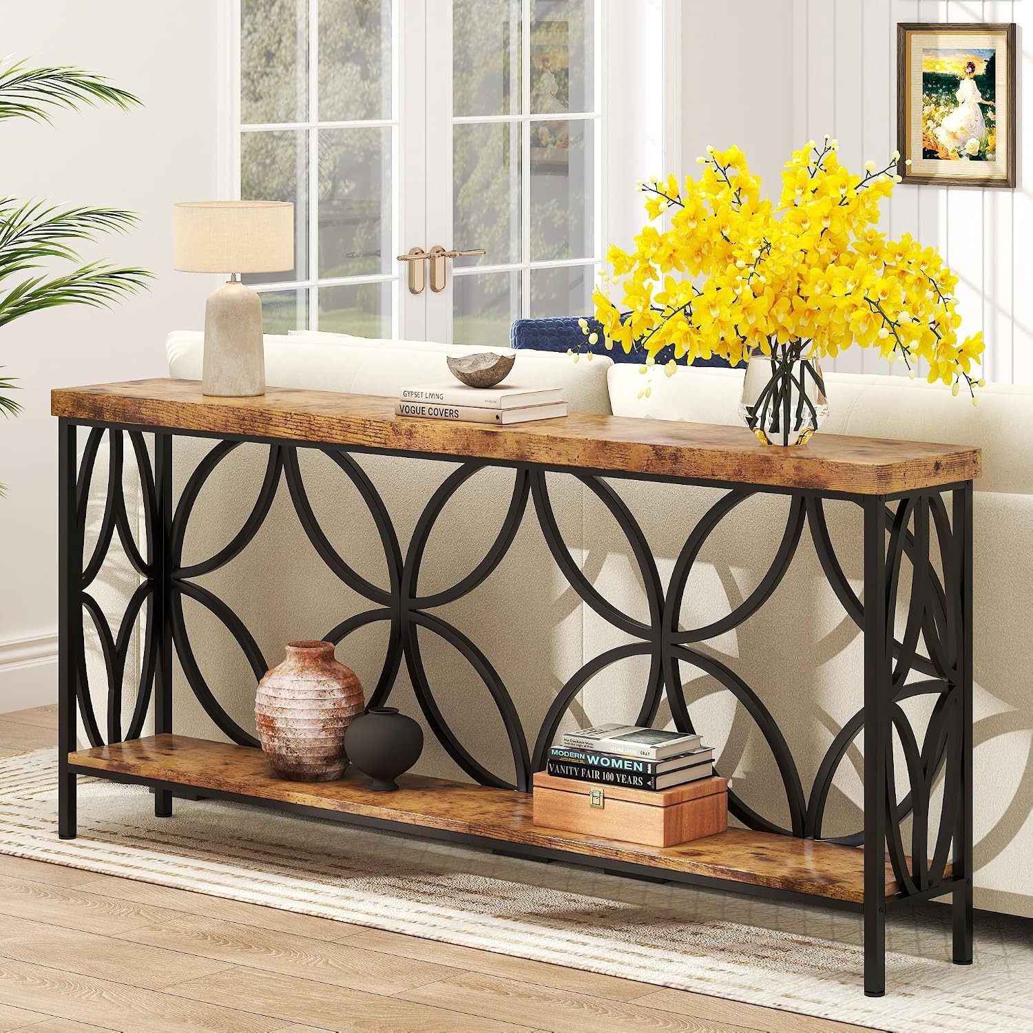 70.9 inch Extra Long Sofa Table Industrial Console Table Behind Couch W/ 2 Tier