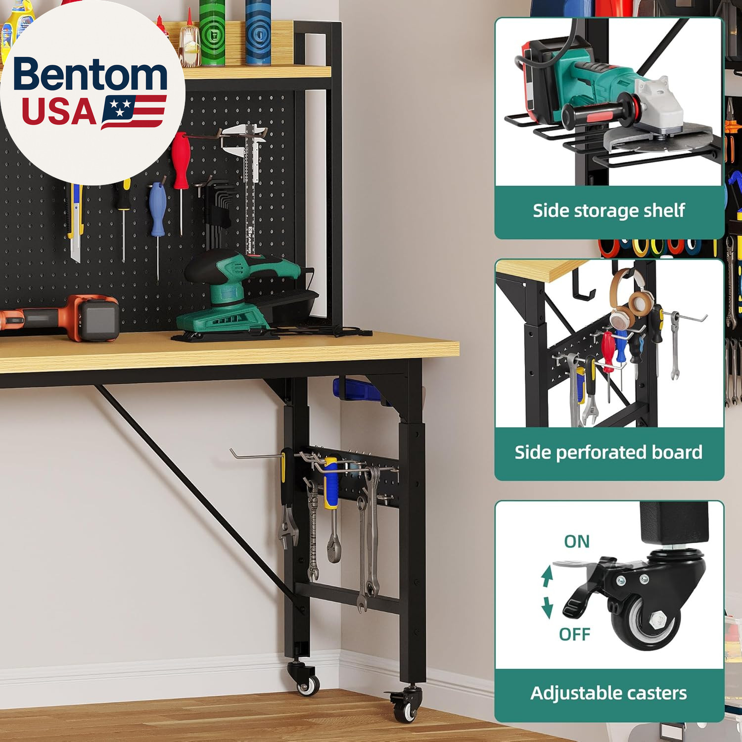60 Inch Adjustable Workbench Rolling Pegboard Garage Table