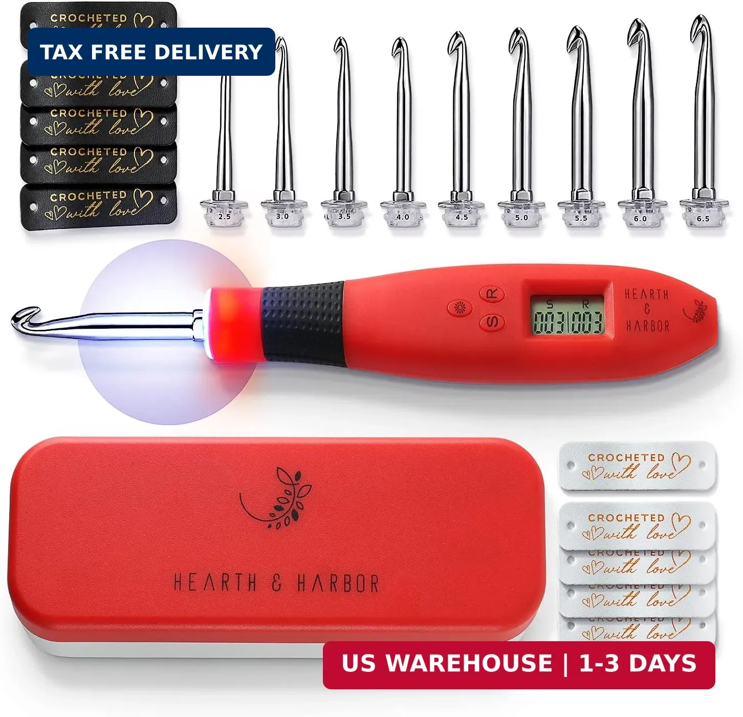 Hearth & Harbor Light Up Crochet Hook Set with Case, Counting Crochet Hook Set D