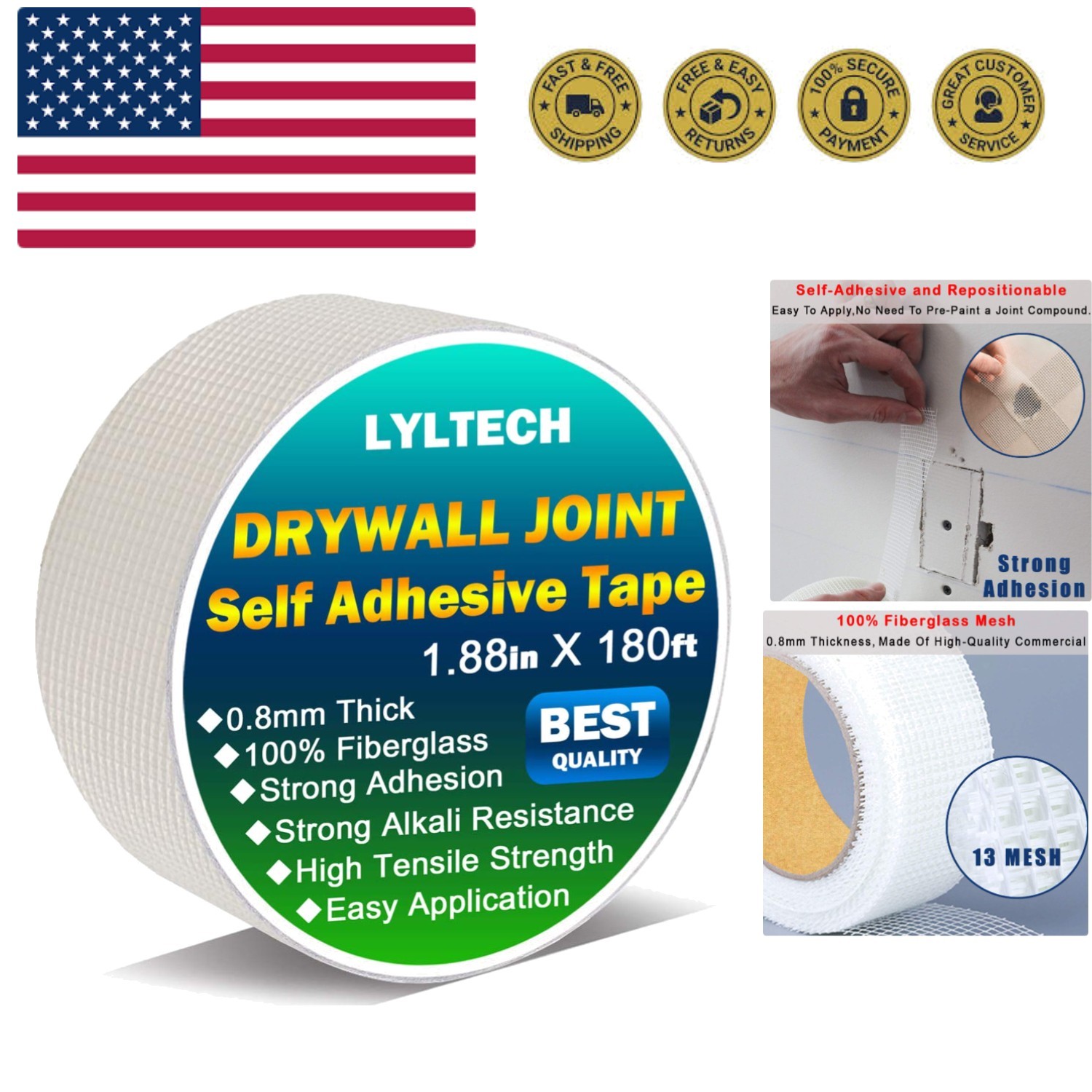 Drywall Joint Tape-13 MESH,100% Fiberglass 1.88-Inch X 180Feet,Heavy-Duty Sel...