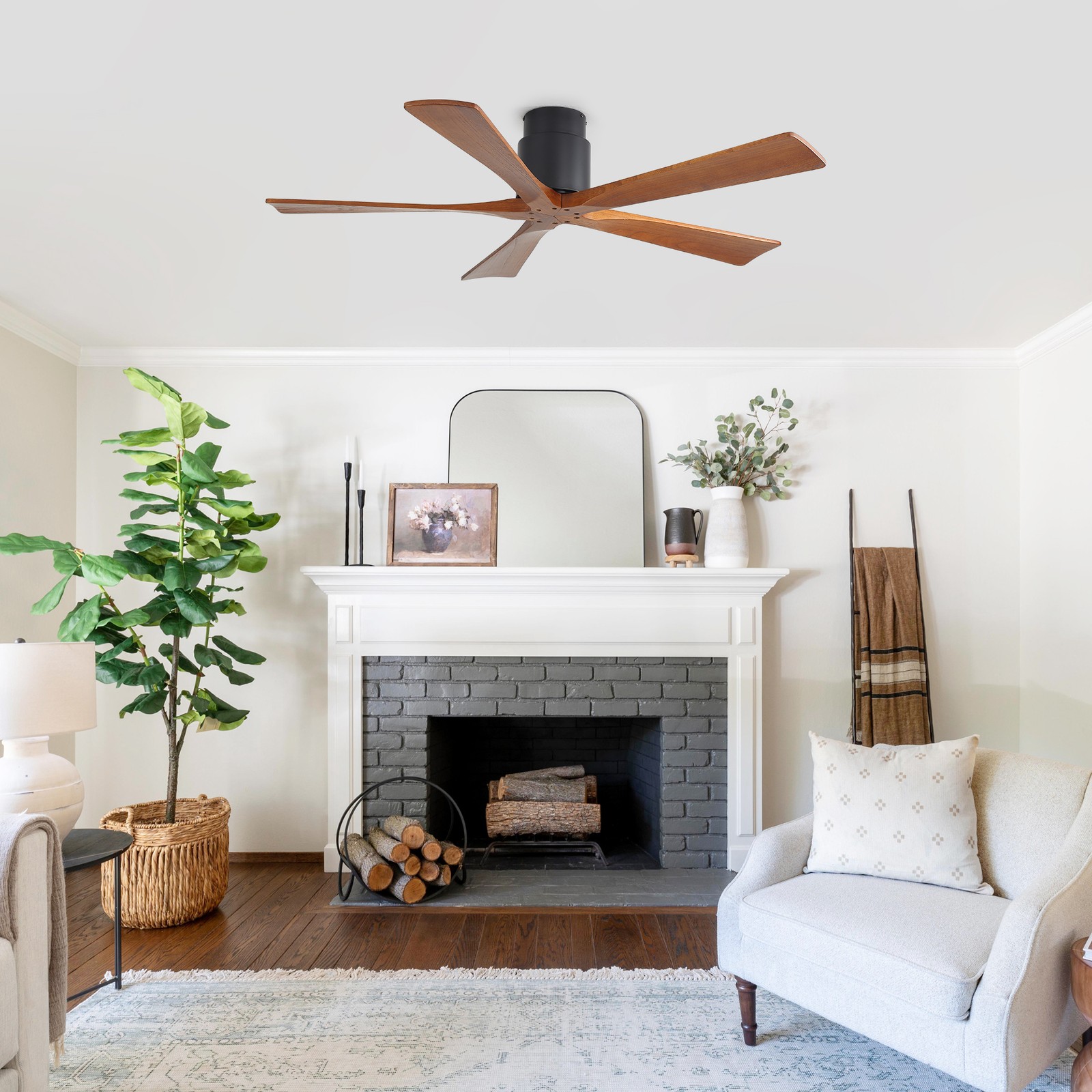 52"Matte Black Ceiling Fan without Light - Walnut Wood Blades, Remote Control