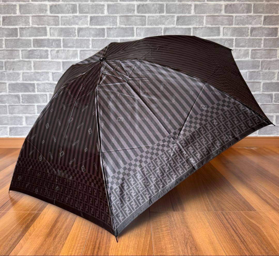 FENDI FF Foldable Umbrella Zucca Stripe Authentic Compact Parasol Genuine