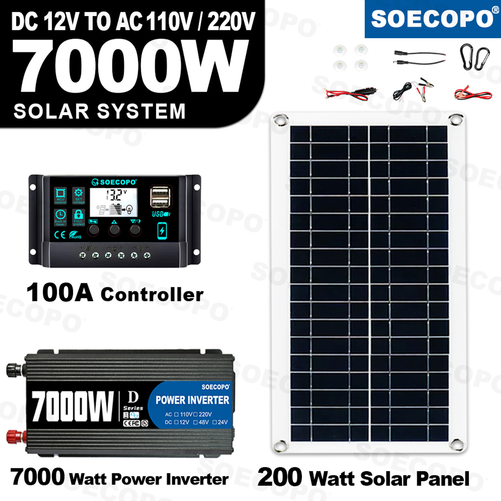 7000W Complete Solar Panel Kit Solar Power Generator 100A 110V/220V Home System