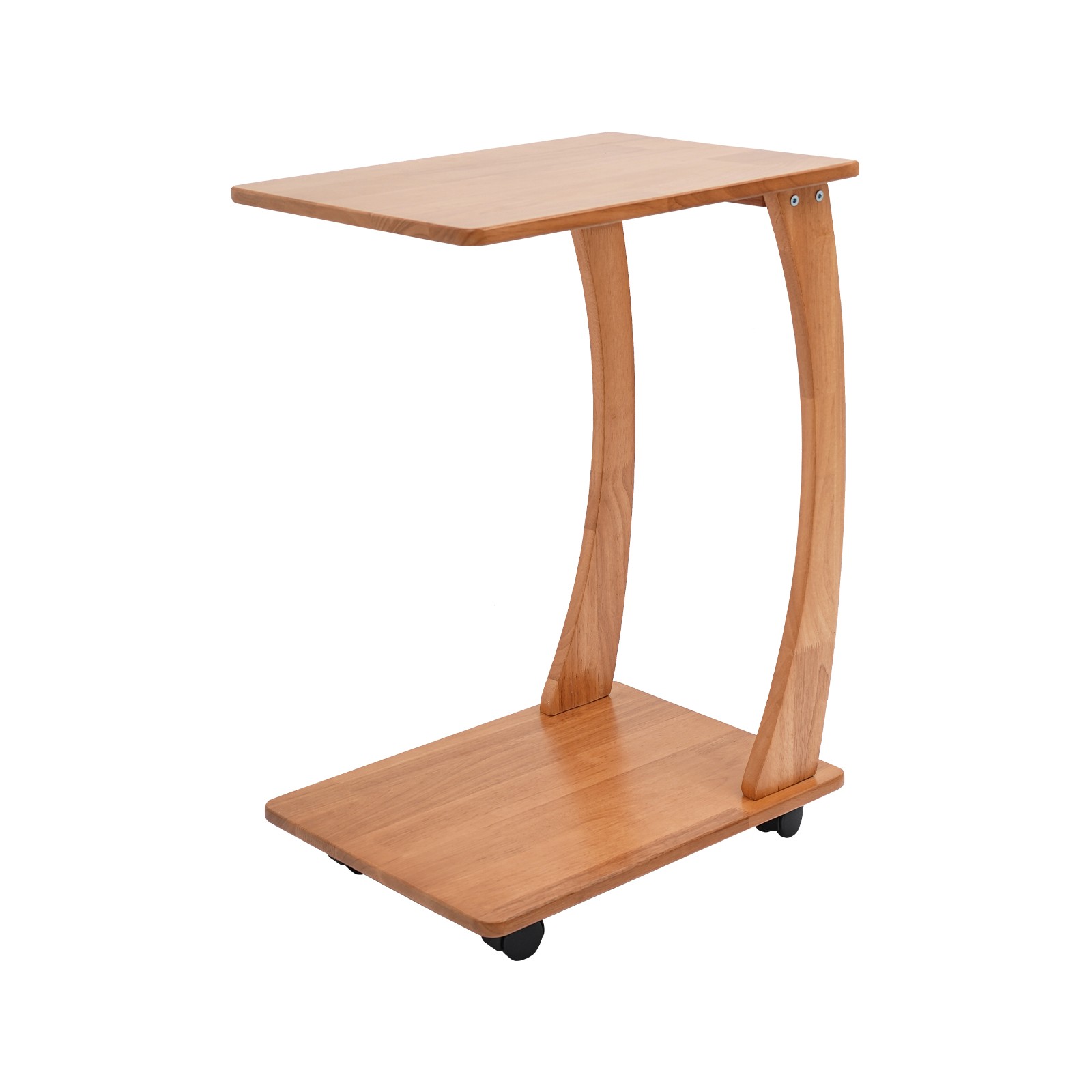 Solid Wood End Table With Rolling Wheels, C Shaped Side Table, Tv Tray Table