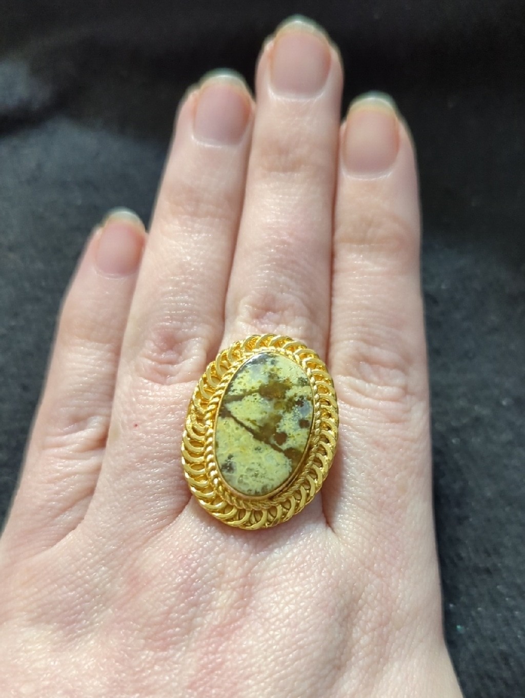 Gold Plated Green Opal Gemstone Oval Statement Ring - Size 9