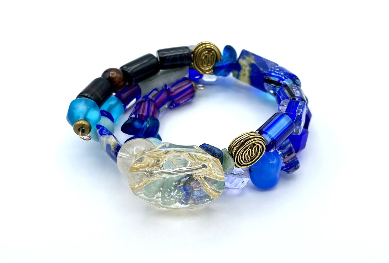 Artisan Handmade Memory Wire Glass Bead Wrap Bracelet Blue Purple Gold