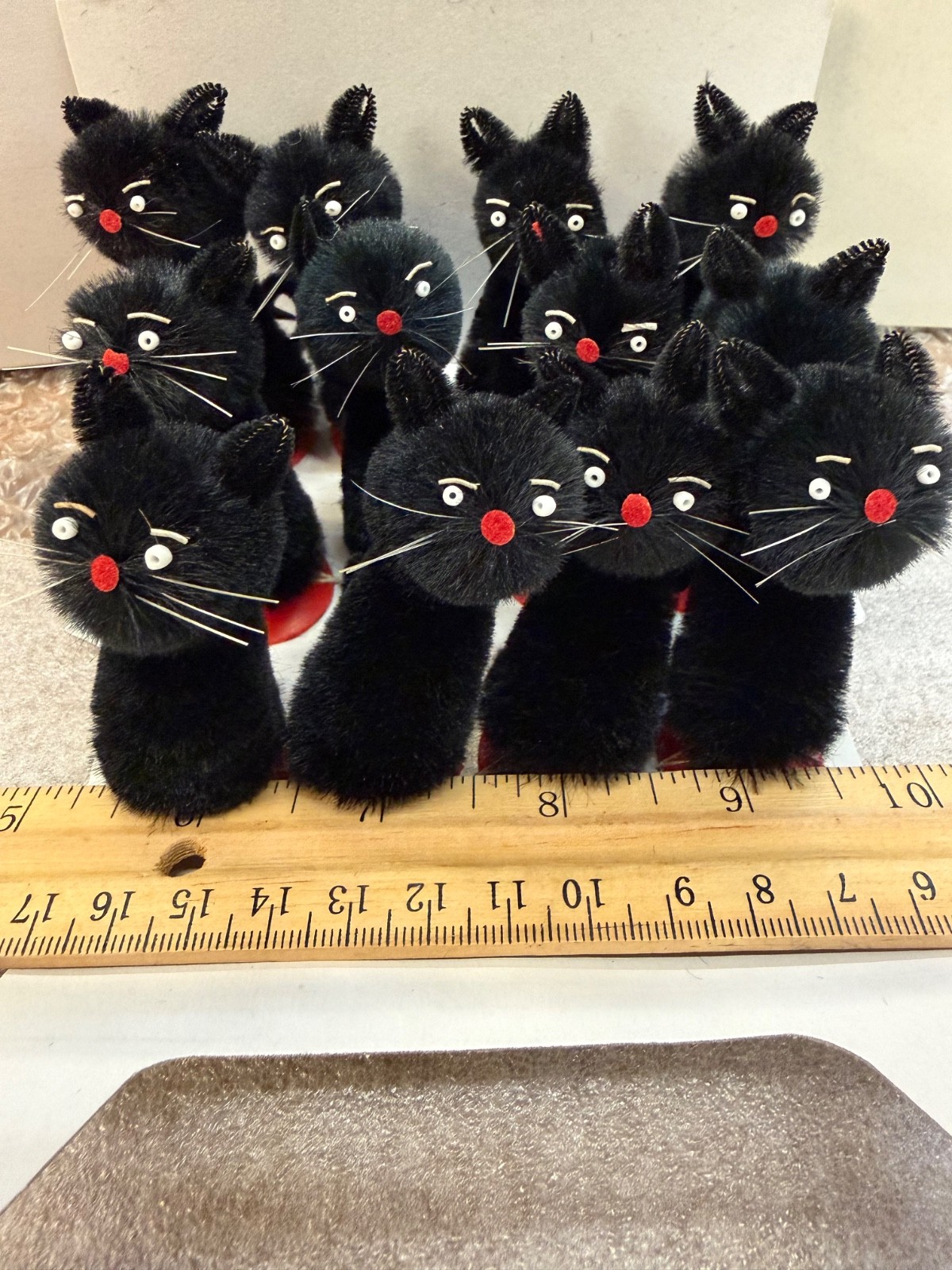 Lot of 12 Chenille Pipe Cleaner Black Cats Bead Eyes Whiskers Red Nose Favors