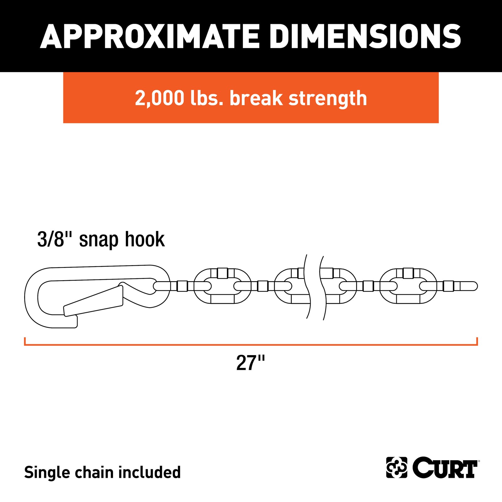 Curt-27" Safety Chain with 1 Snap Hook (2,000 lbs, Clear Zinc)