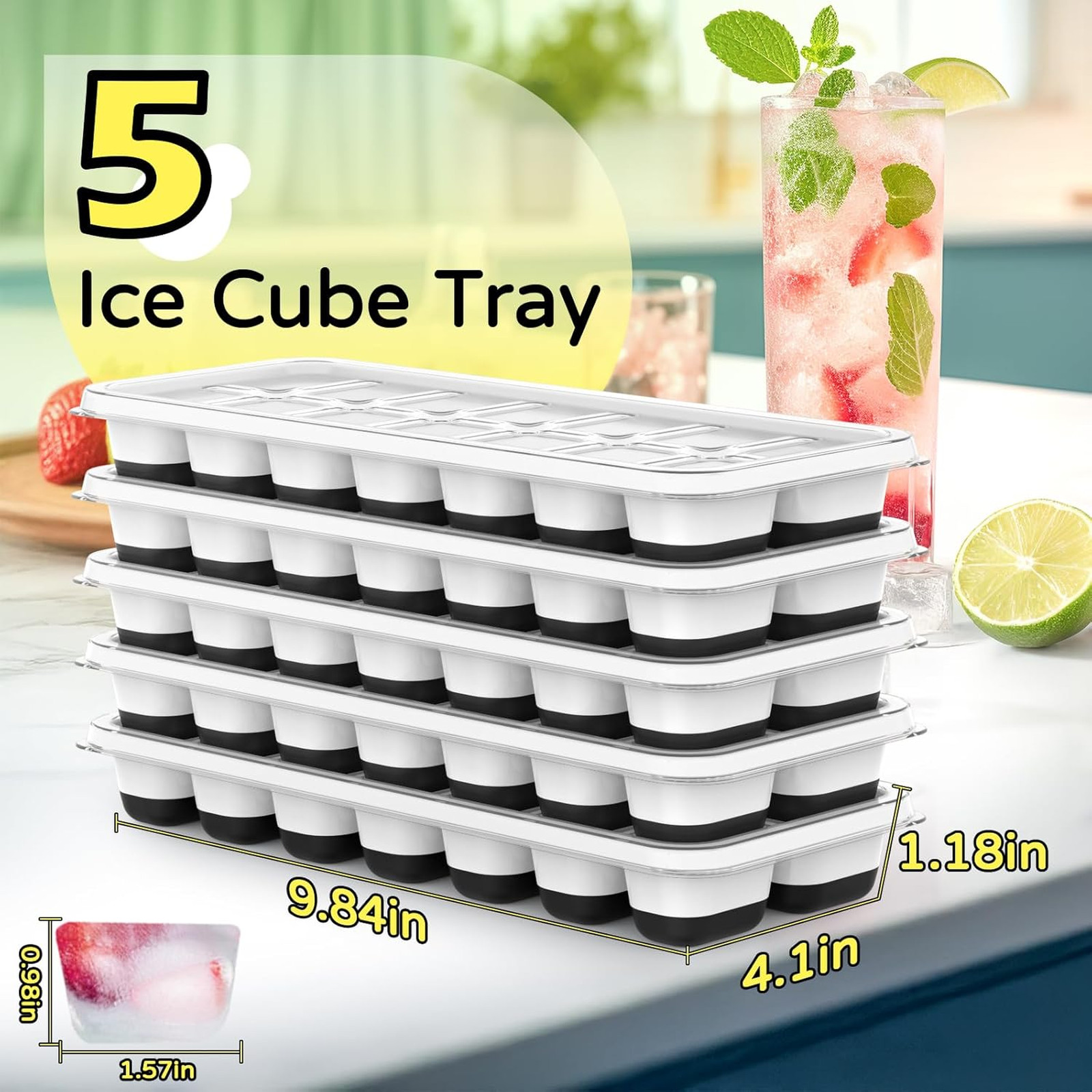 Ice Cube Tray 5 Pack Silicone with Lids, Reusable BPA-Free Rectangular Mold for