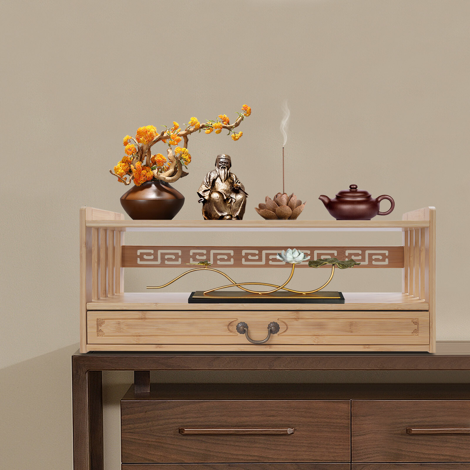 Meditation Storage Table Altar Table with Drawer Rectangular Desktop Organizer