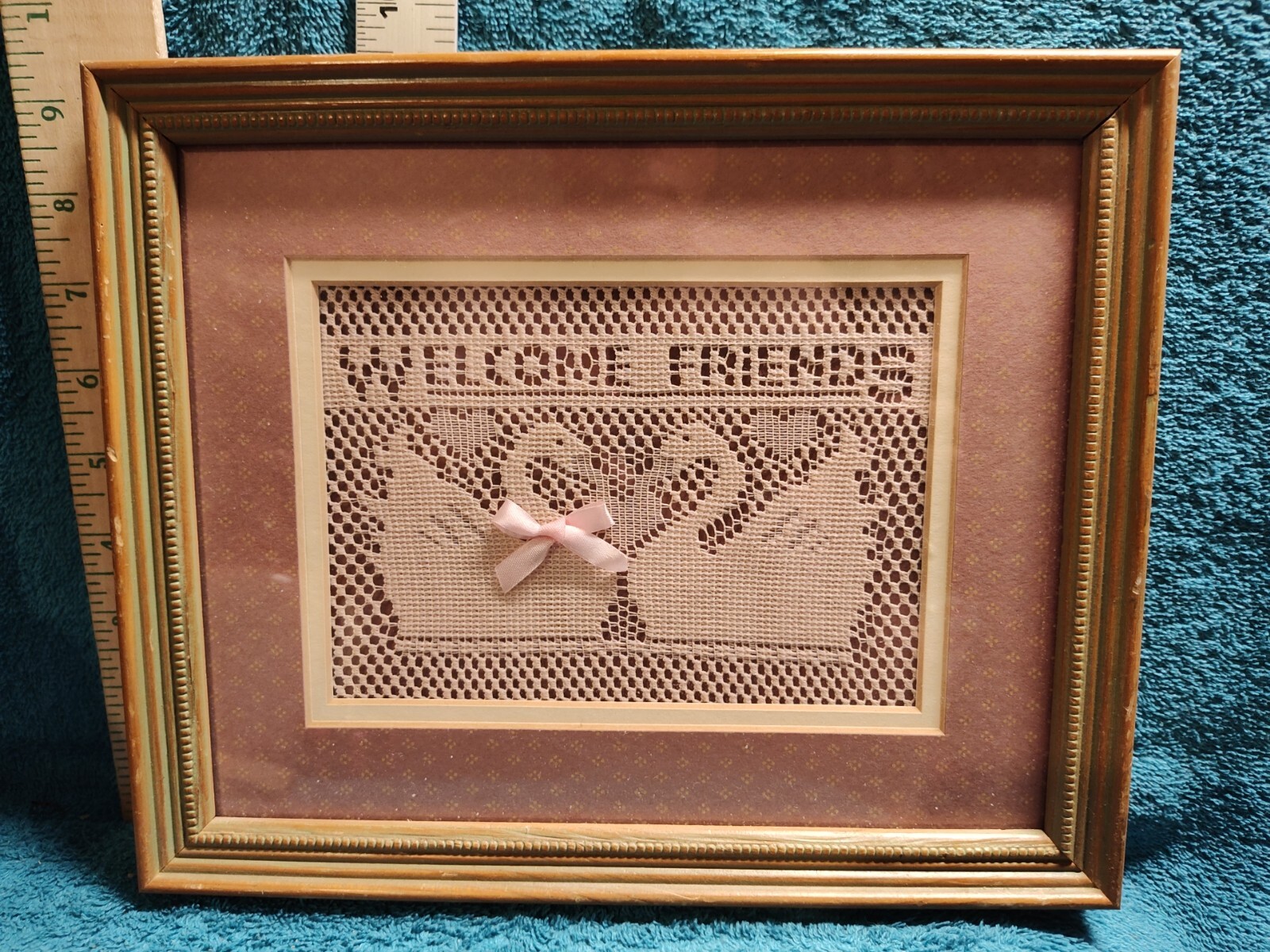 Lace Art Framed Matted Swans "Welcome Friends" Figi Graphics 9" x 11"