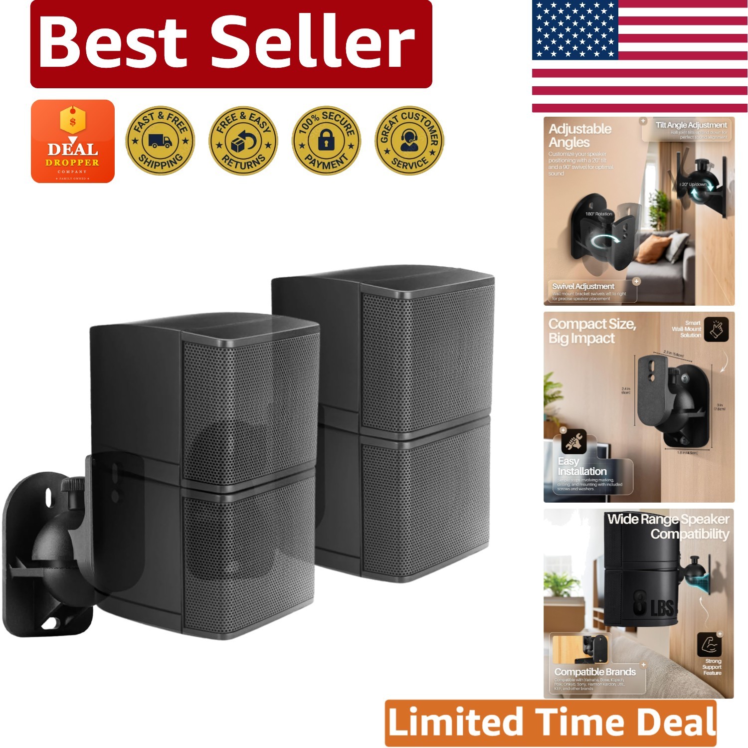 Adjustable Satellite Speaker Wall Mounts – Perfect for Home Theater Setups, B...