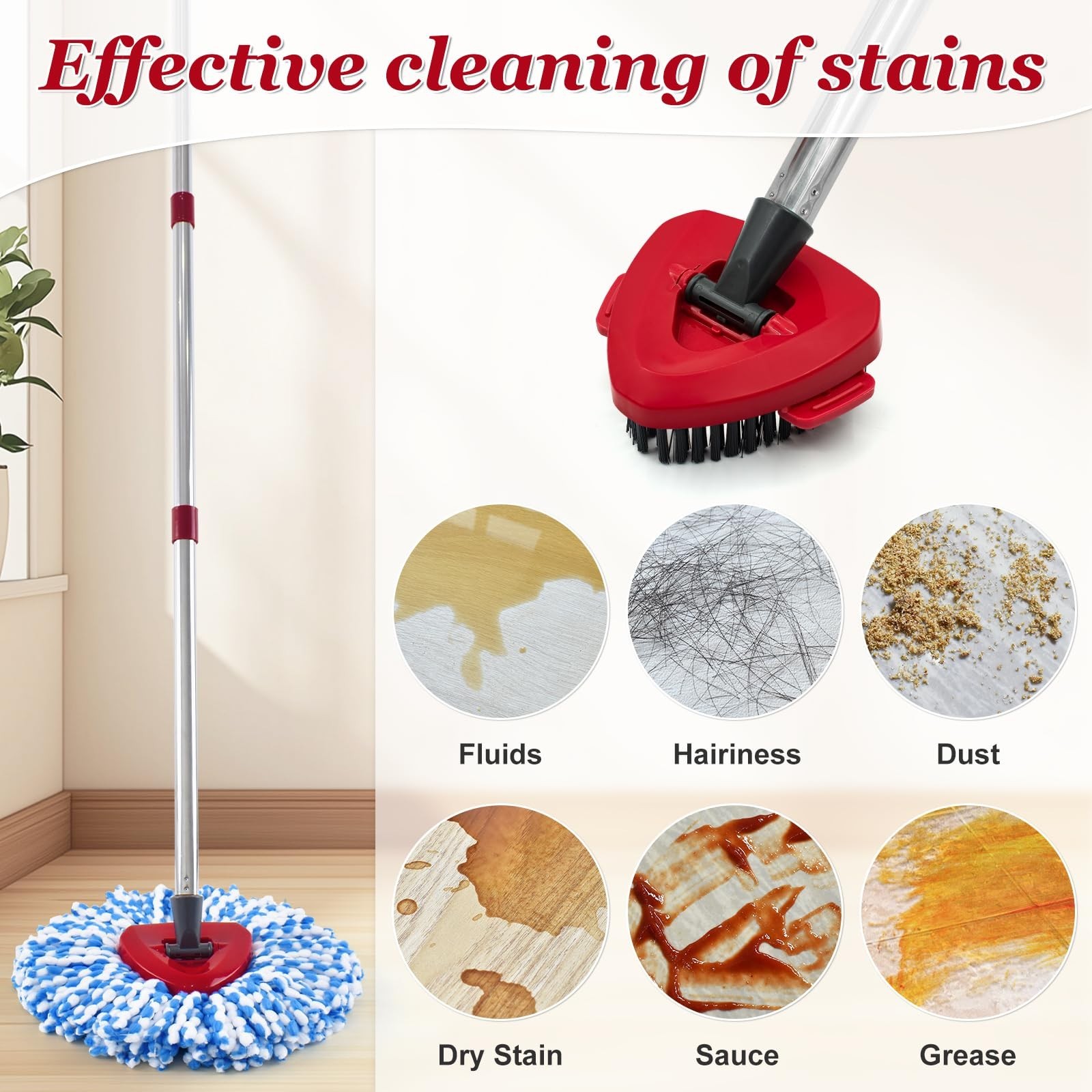 Spin Mop Handle,Mop Heads Replacements,Scrubber Mop Head and Mop Base Combo S...