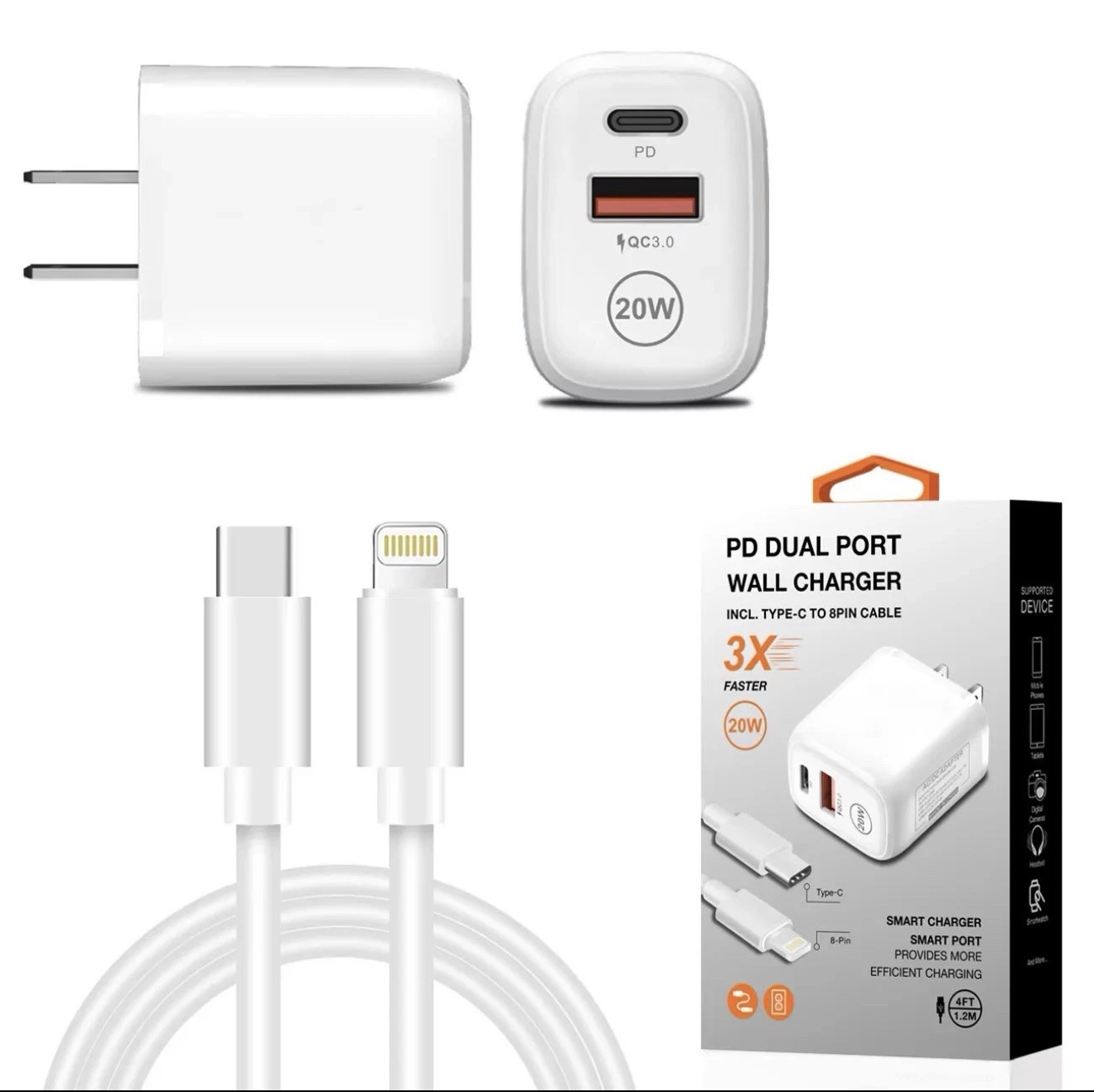 USB Charger Block for iPhone 8 Plus X XR XS Max 11 12 13 14 + Cord