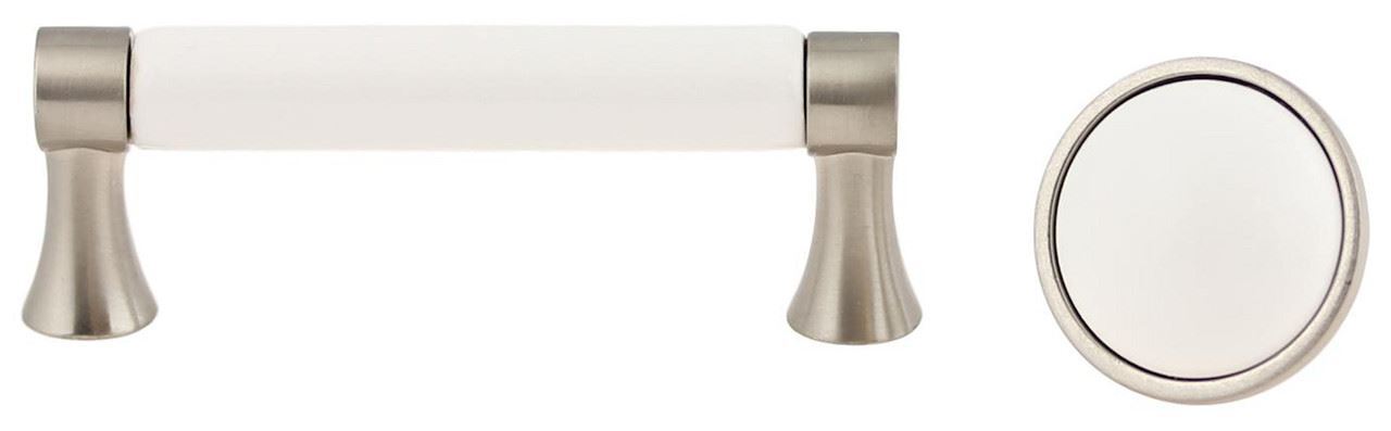 1-3/8" White Ceramic Insert Knob Satin Nickel