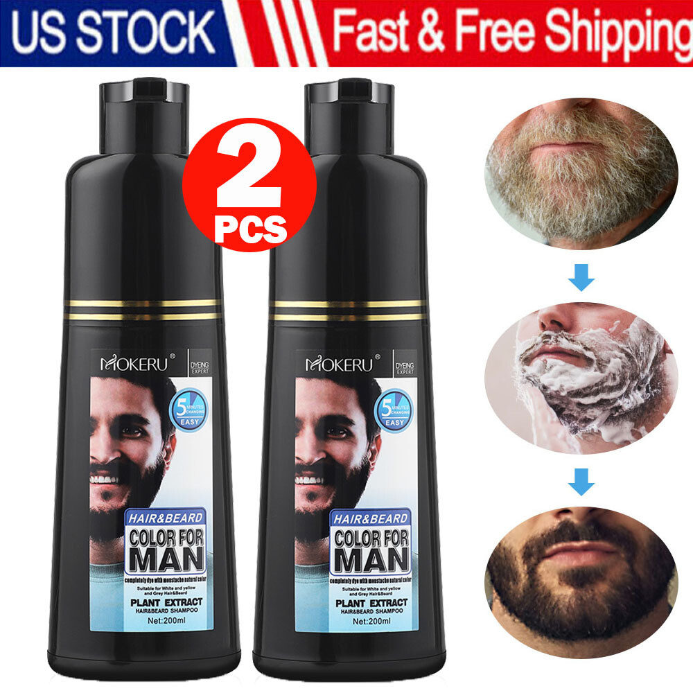 2Pcs Men 2 in1 Beard & Mustache Natural Hair Color Shampoo Permanent Black Dye