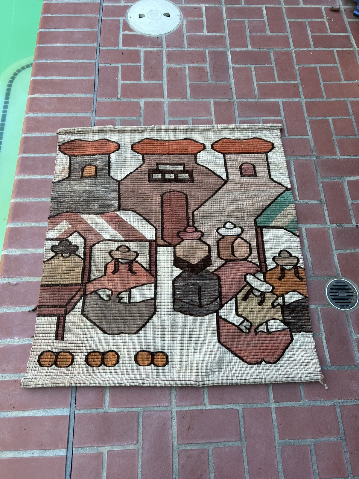 Vintage Hand Woven Peruvian Folk Art Wool Tapestry Village Scene