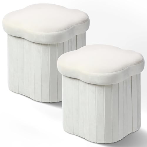 2 Pcs Storage Ottoman Flower Shaped Foot Stools Foldable Velvet Storage White