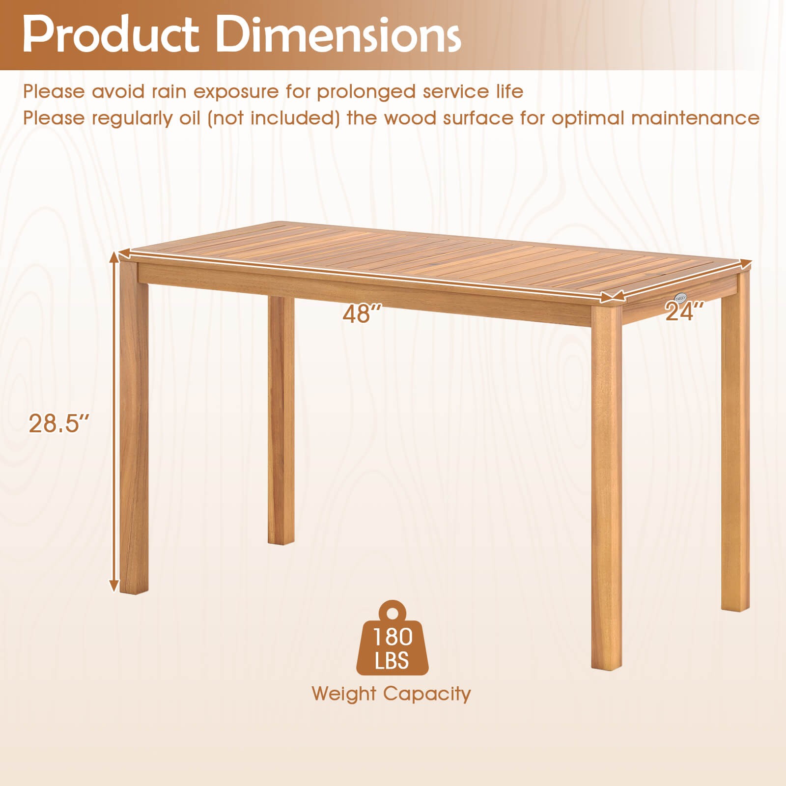 Outdoor Acacia Wood Dining Table w/Slatted Tabletop, for Garden, Balcony, Deck