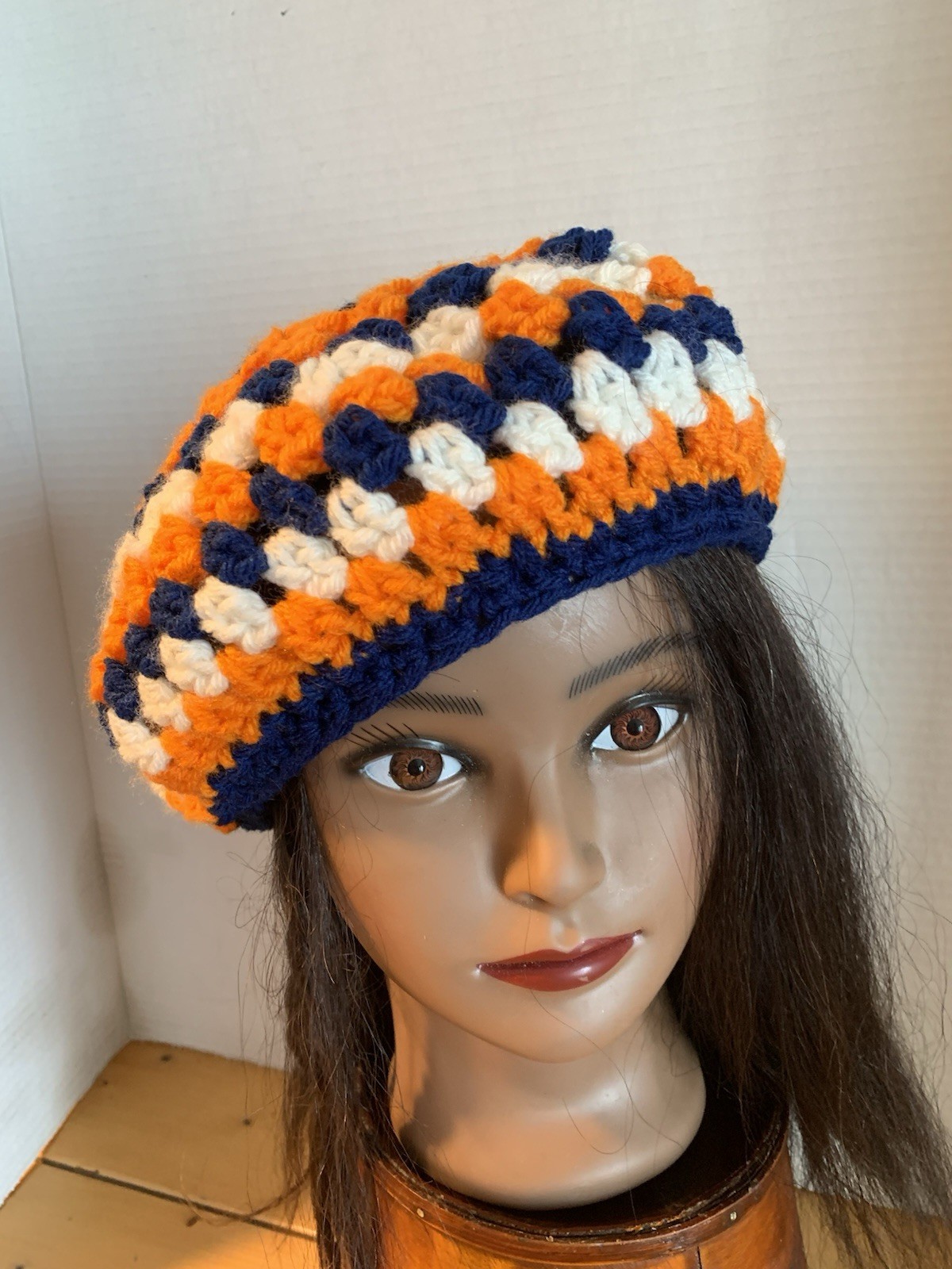 Handmade Crochet Beret Hat Multicolor Denver Bronchos' Colors Women's One Size