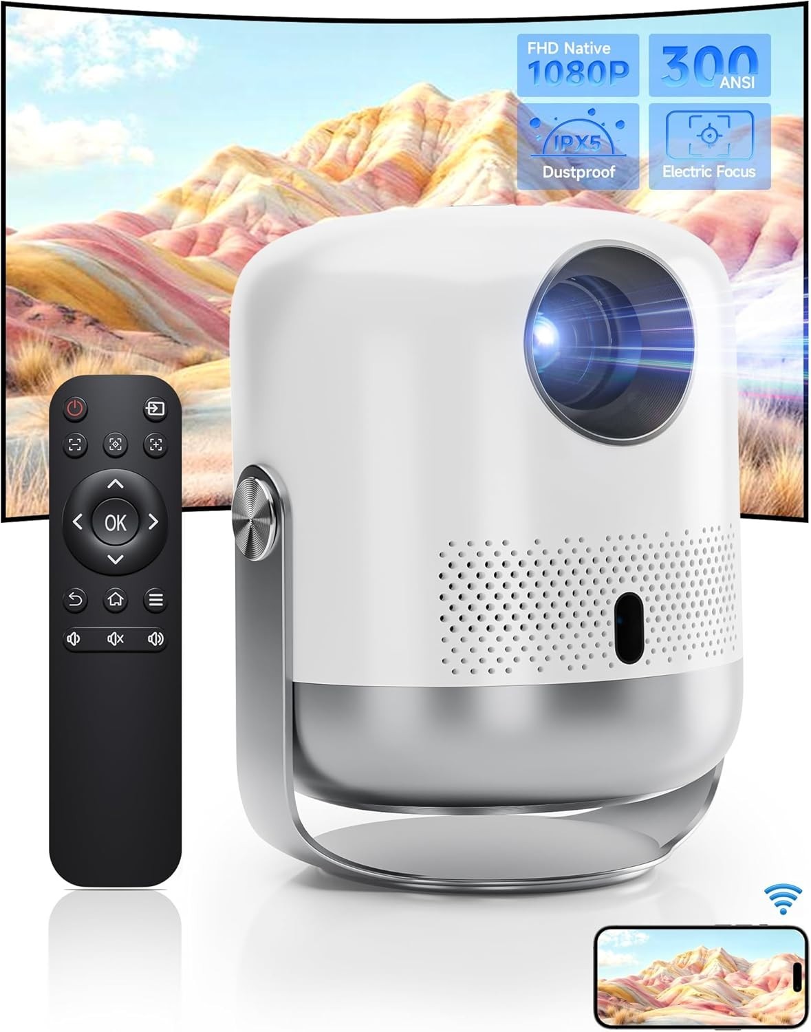 Portable WiFi 6 Bluetooth Projector Native 1080P 4K Support Auto Focus 400 ANSI