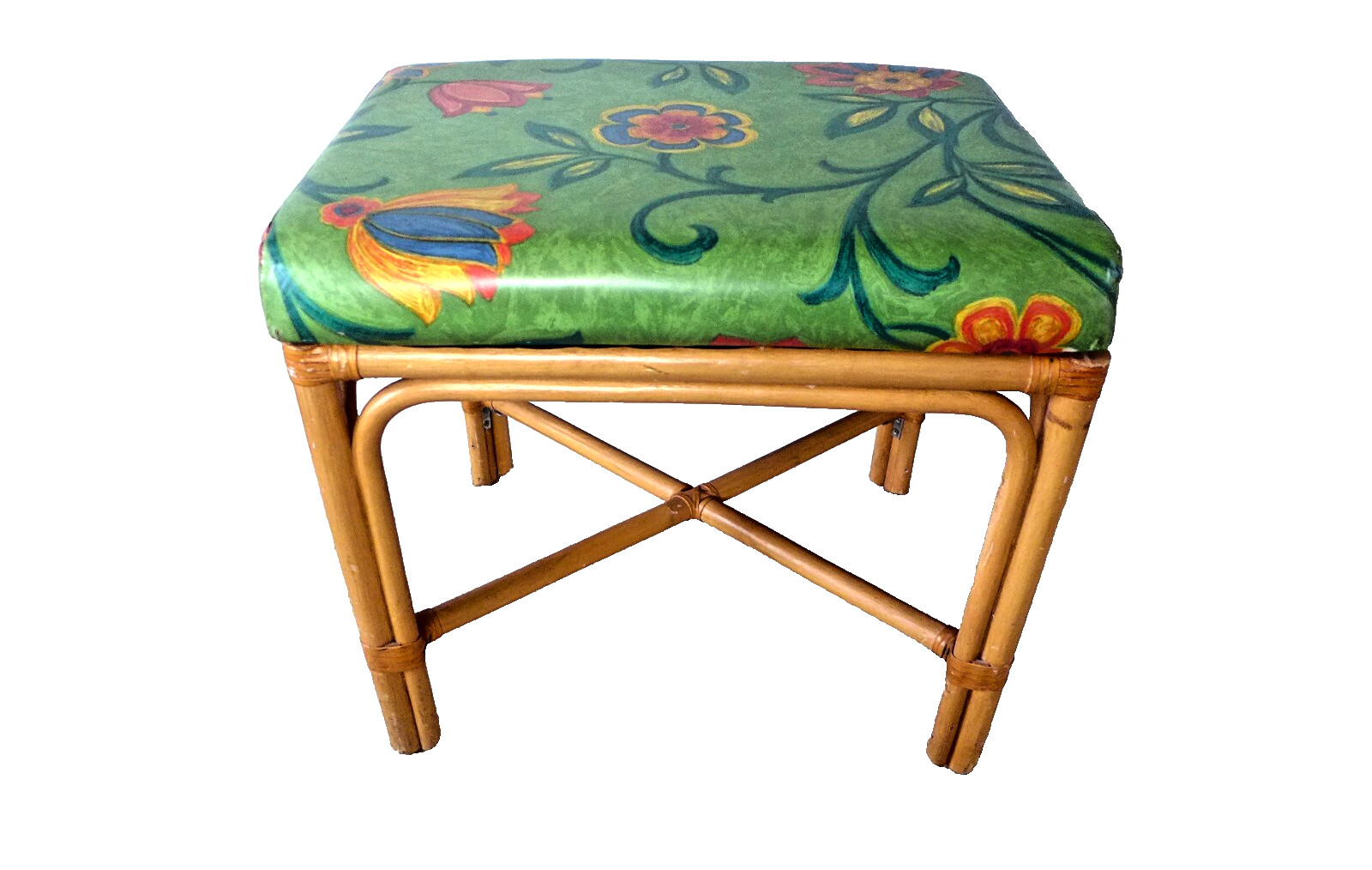 1 Vintage Bamboo Rattan Stool Ottoman Green Seat Coastal Florida Mod 3 Available