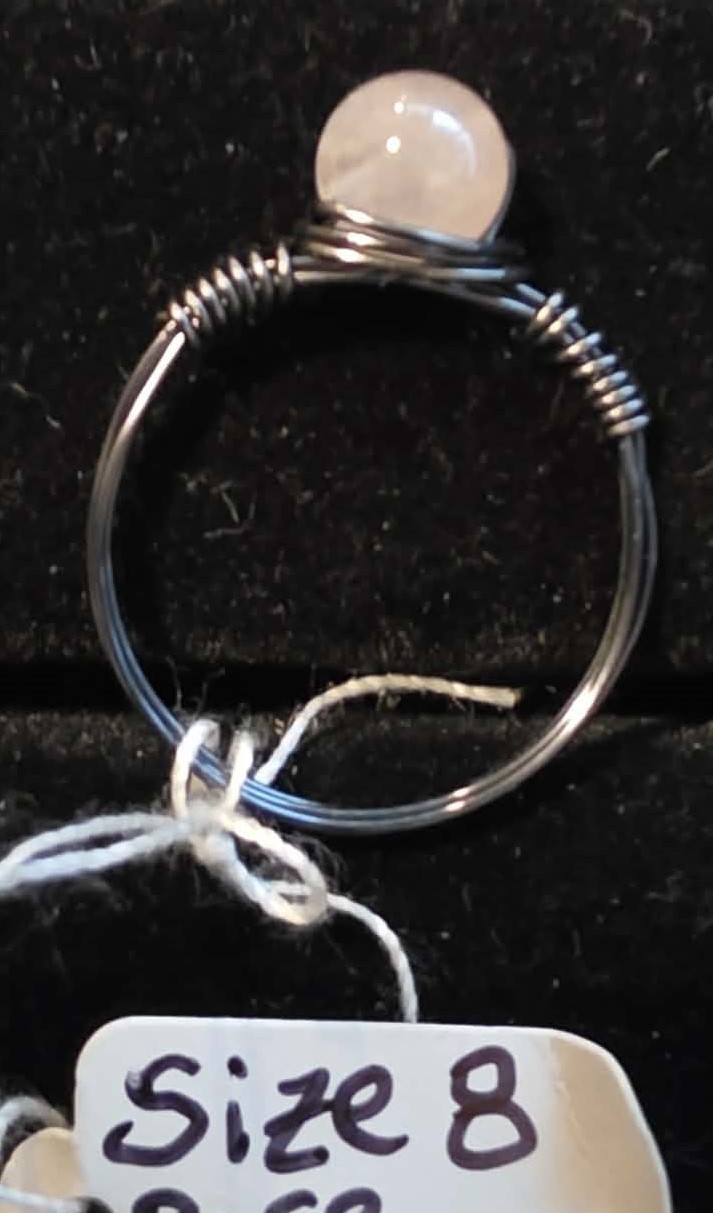 Handmade size 8 wire-wrapped Rose Quartz rings with hematite colored wire