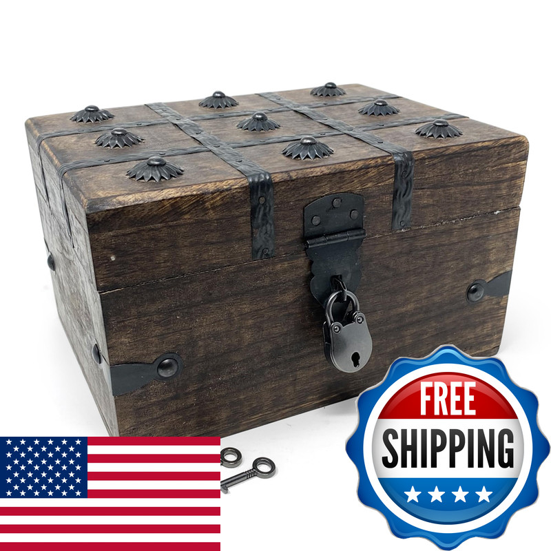Nautical Cove Treasure Chest Wooden Antique Iron Lock And Skeleton Key Small