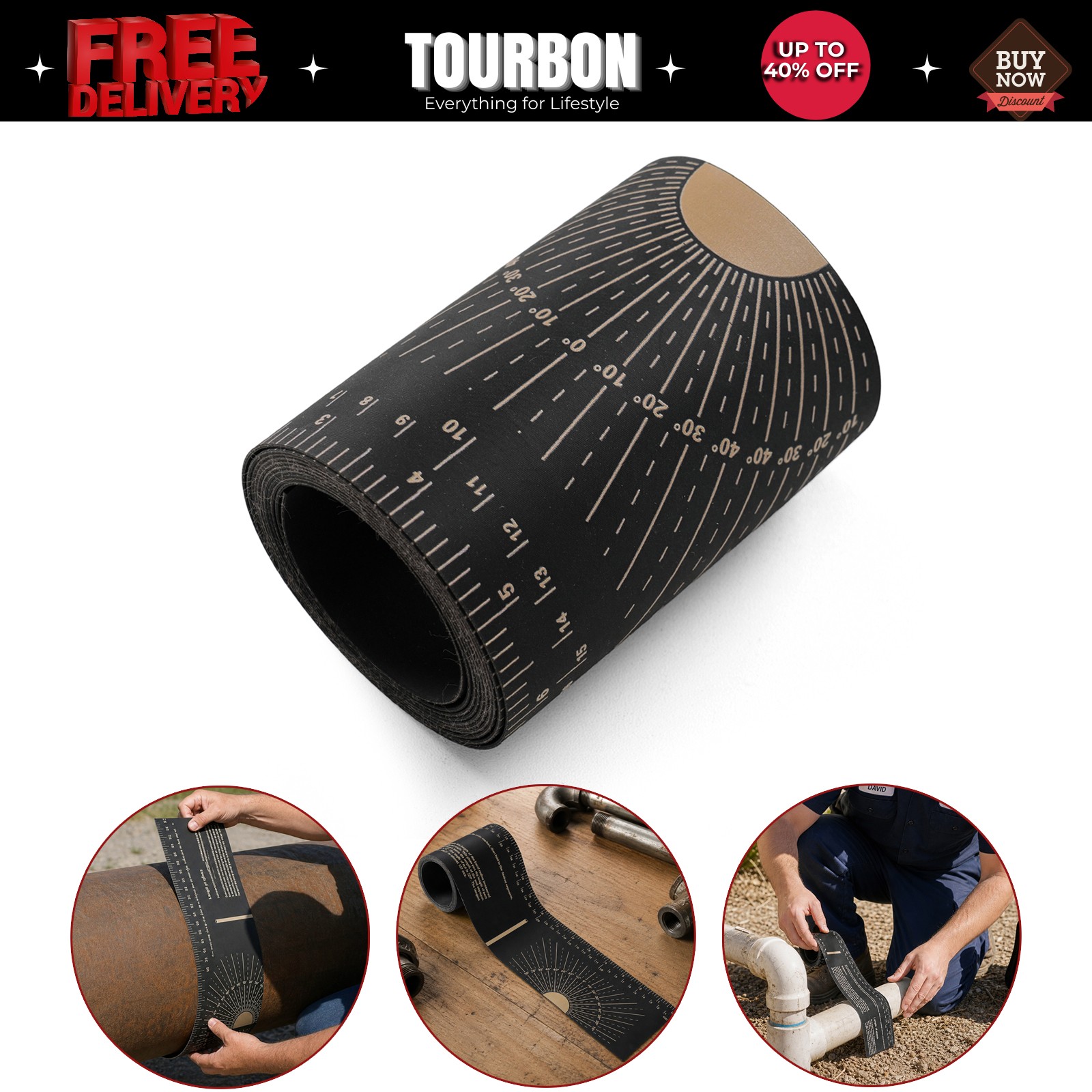 TOURBON Pipe Measuring Tape Tool Wrap Around Design For 1"–18" with Storage Box