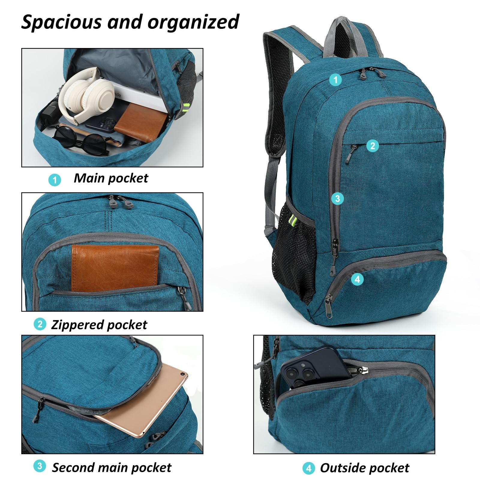 Ultra Lightweight Packable Backpack 25L Foldable Hiking Daypack Teal Blue