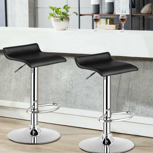 Set of 2 Adjustable PU Leather Backless Bar Stools-Black - Color: Black