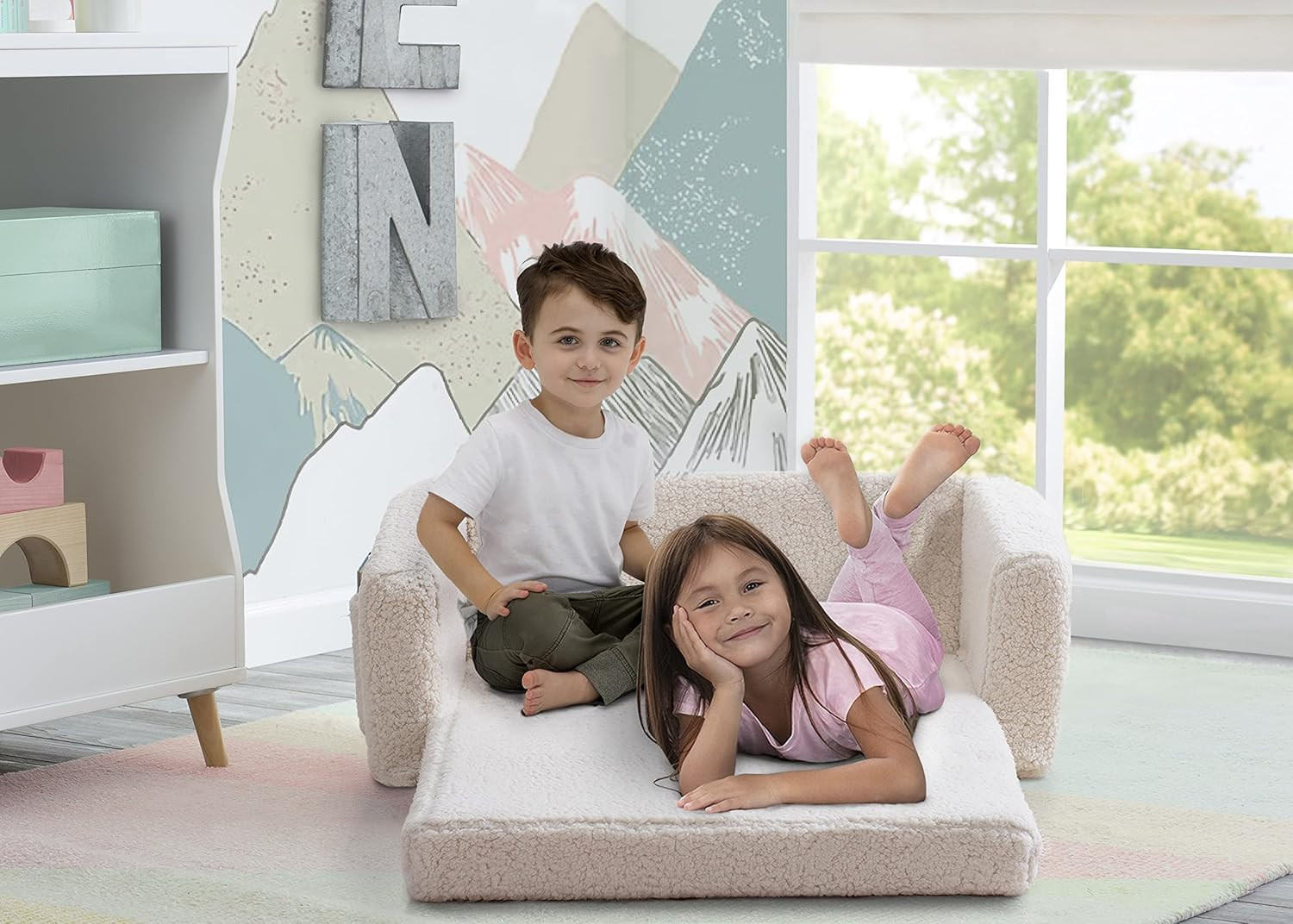 Cozee 2-in-1 Convertible Sherpa Sofa Lounger for Kids - Cream Color