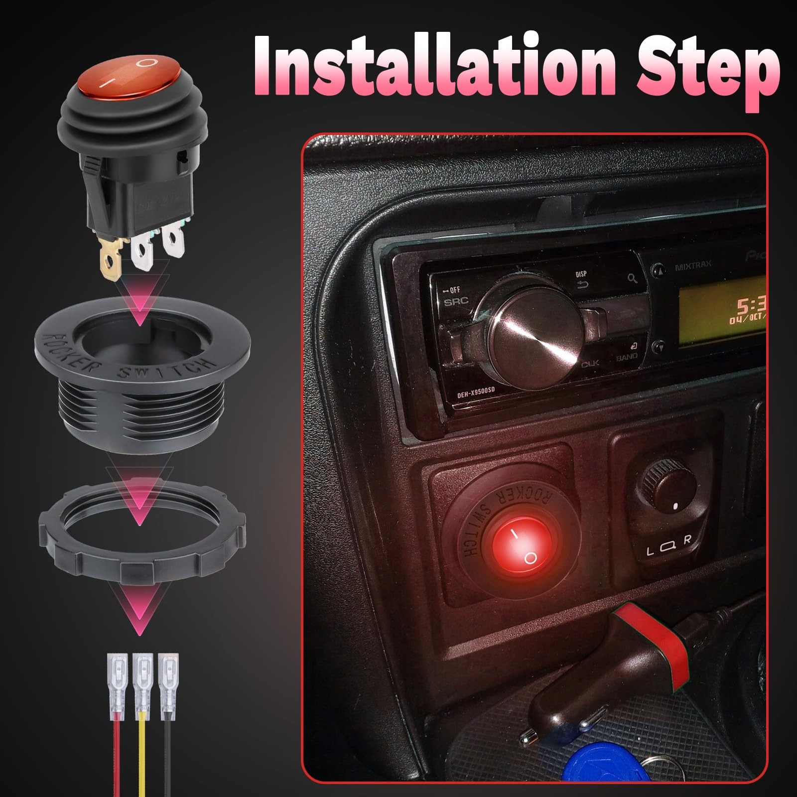 Round Rocker Switch, Toggle Switch 12V, Waterproof Lighted LED On/Off Red-1