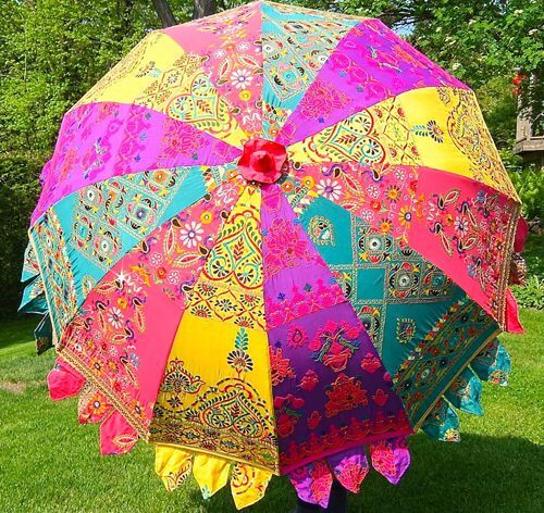 Umbrella Round Patio Sun Shade Parasol Garden Embroidered Roof Umbrella Decor