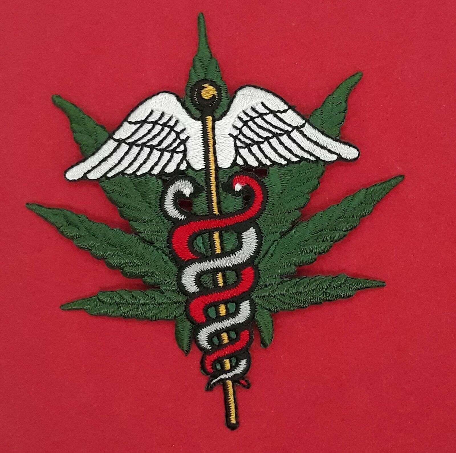 Medical Marijuana Caduceus Iron On Embroidered Patch 3 1/2" X 3 3/4"