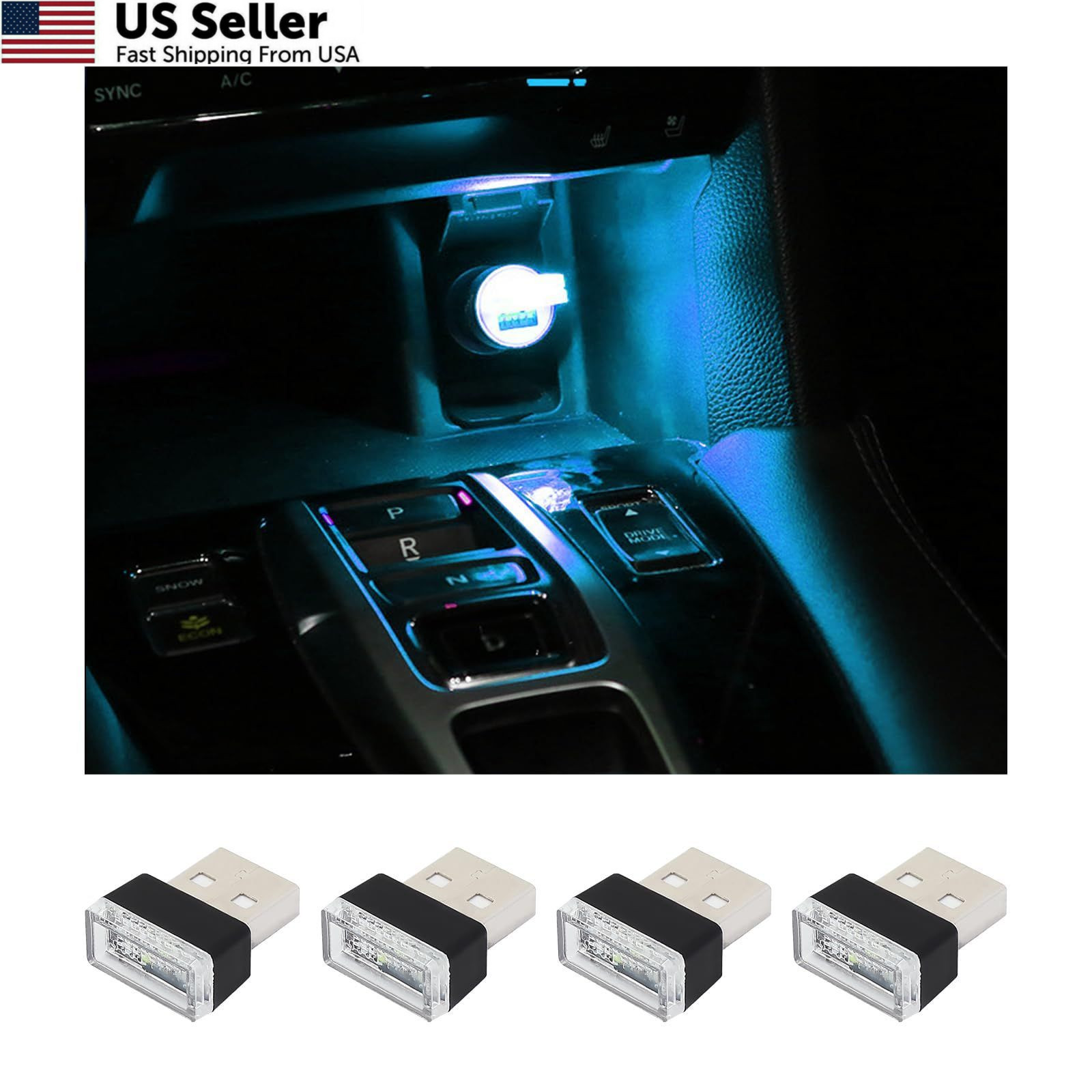 Augeny 4 PCS USB LED Car Interior Atmosphere Lamp, Plug-in Decor Ice Blue