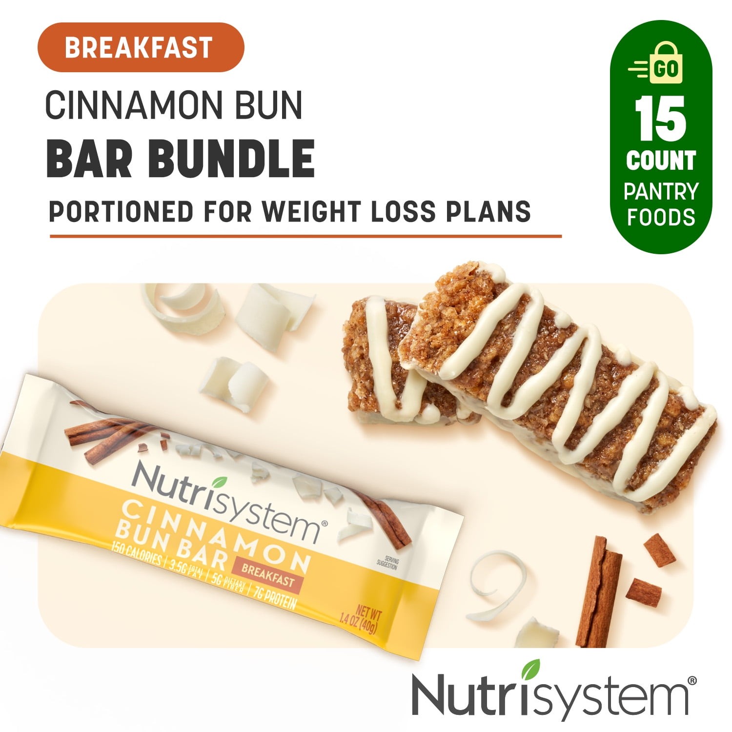 Nutrisystem Cinnamon Bun Breakfast Bars, for Weight Loss, 15 Count