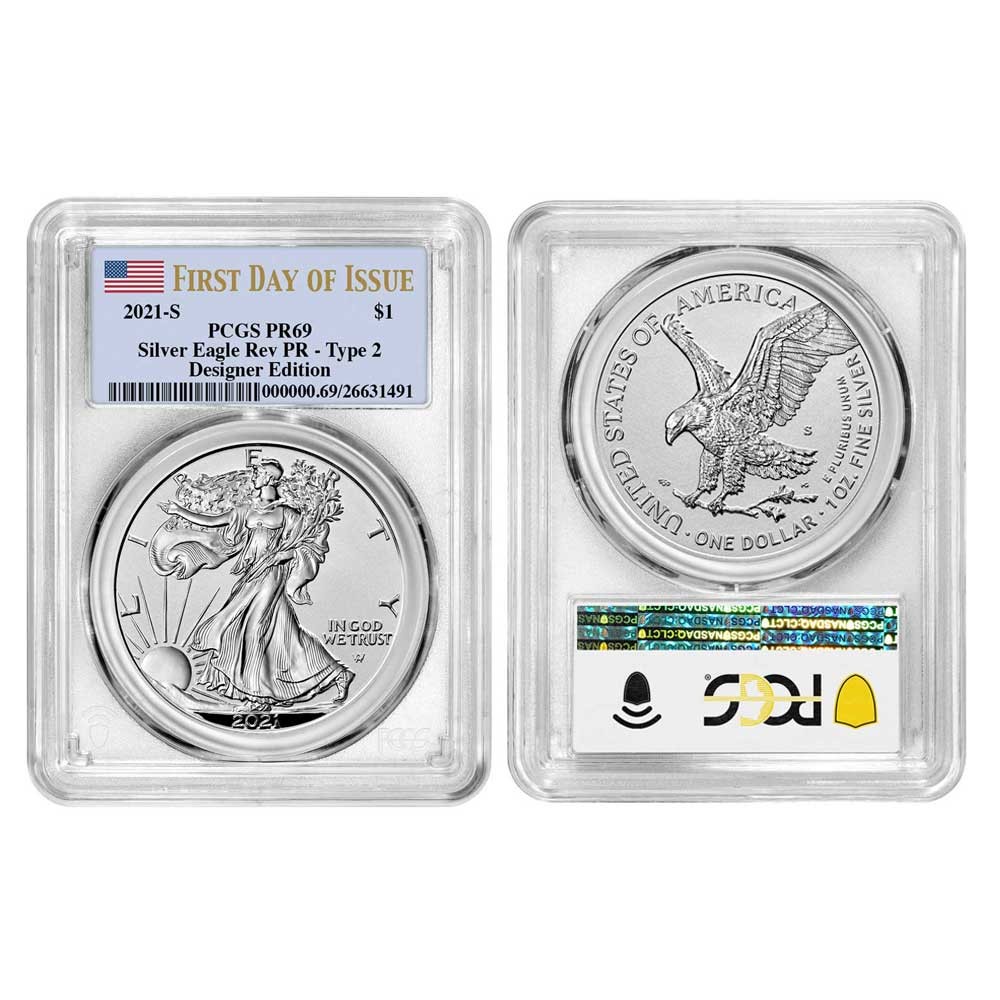 2021 Reverse Proof $1 American Silver Eagle Designer 2pc Set PCGS PR69 FDOI
