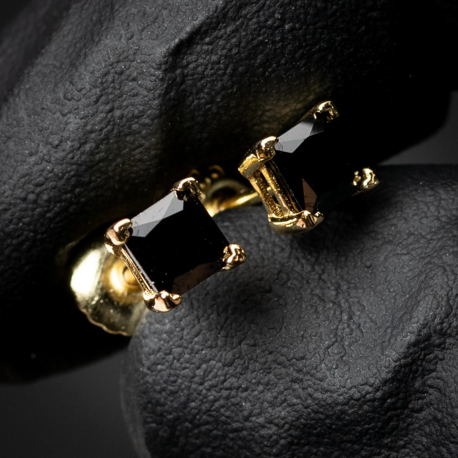 Black Onyx Princess Cut Lab-Created Diamond Stud Earrings 14K Yellow Gold Plated