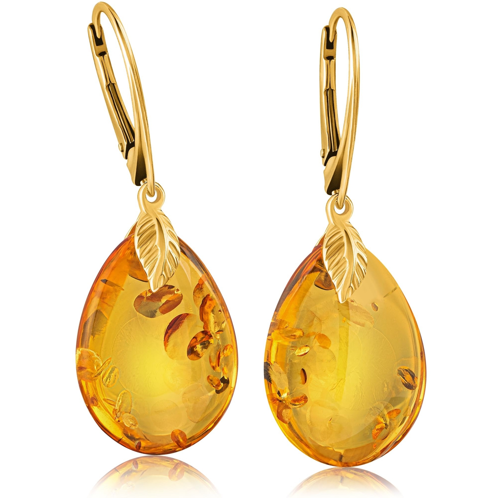 Leverback Amber Earrings for Women - Gold Plated Silver Closure 925, Sparklin...