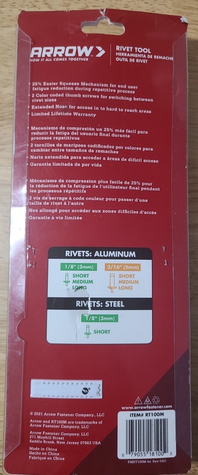 Arrow Model RT100M Rivet Tool Uses 1/8" & 3/16" Rivets **NEW**