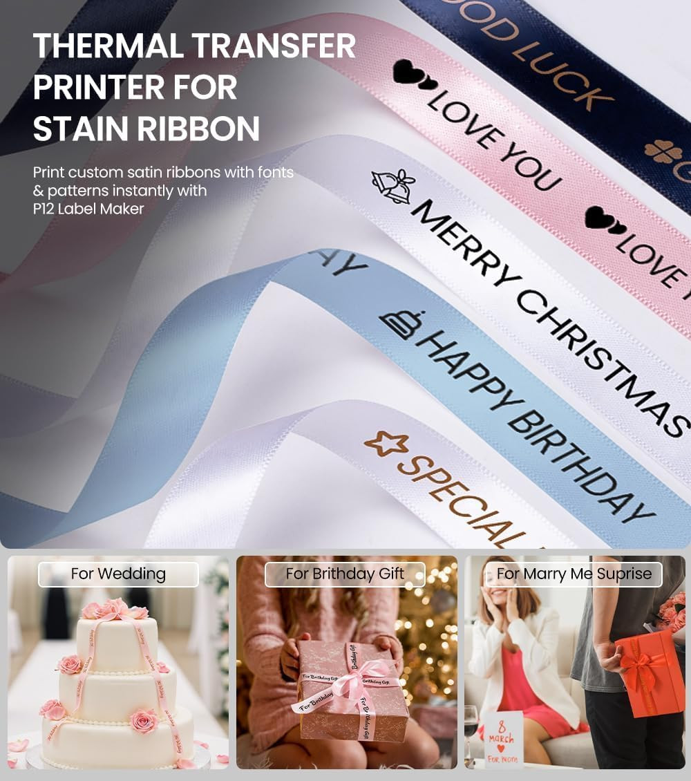 Label Maker Machine with Tape, P12 Ribbon Printer Machine Small Bluetooth Label
