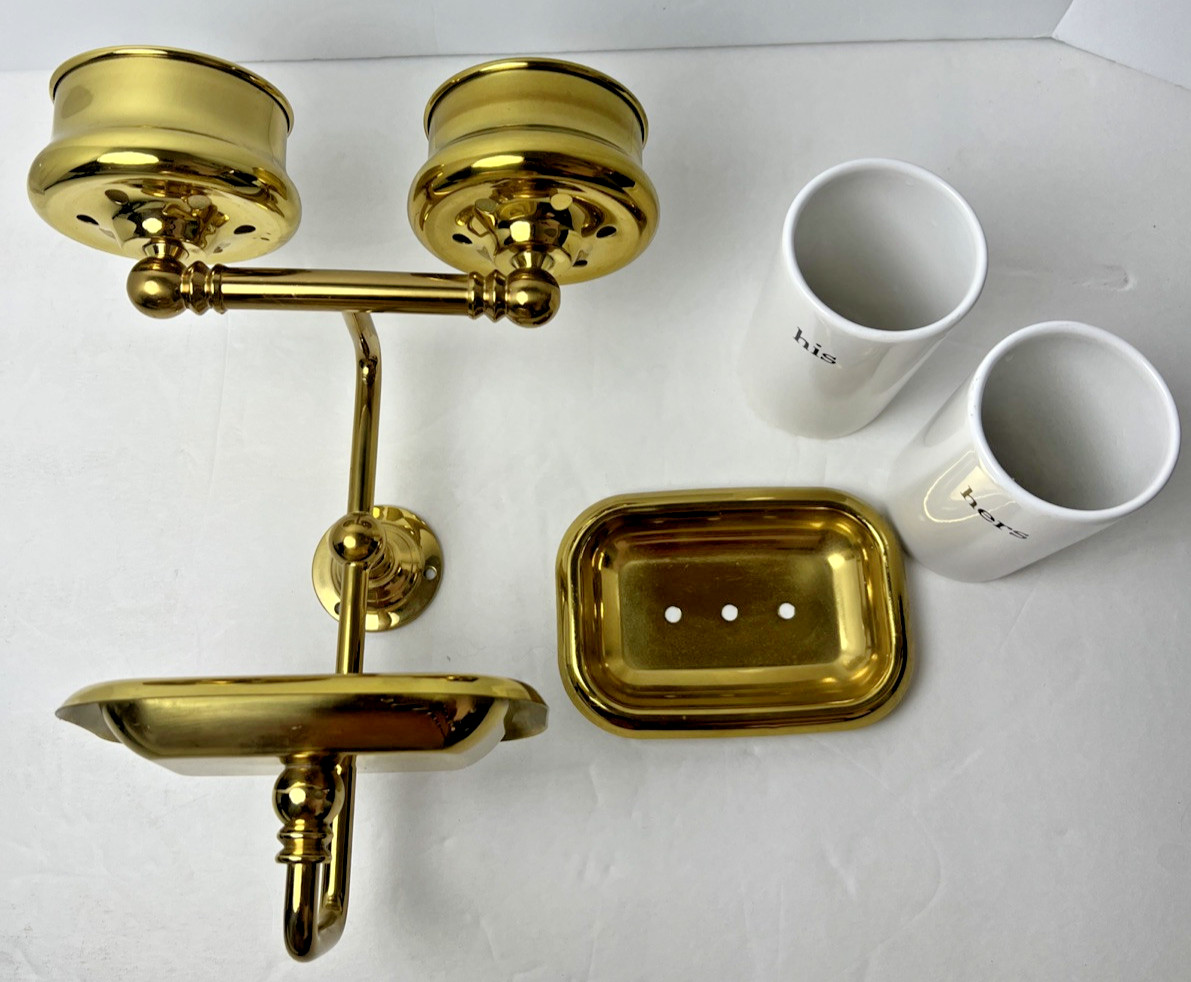 Brass & Ceramic his & hers Cups & Soap Dish Bathroom Fixture Wall Mounted