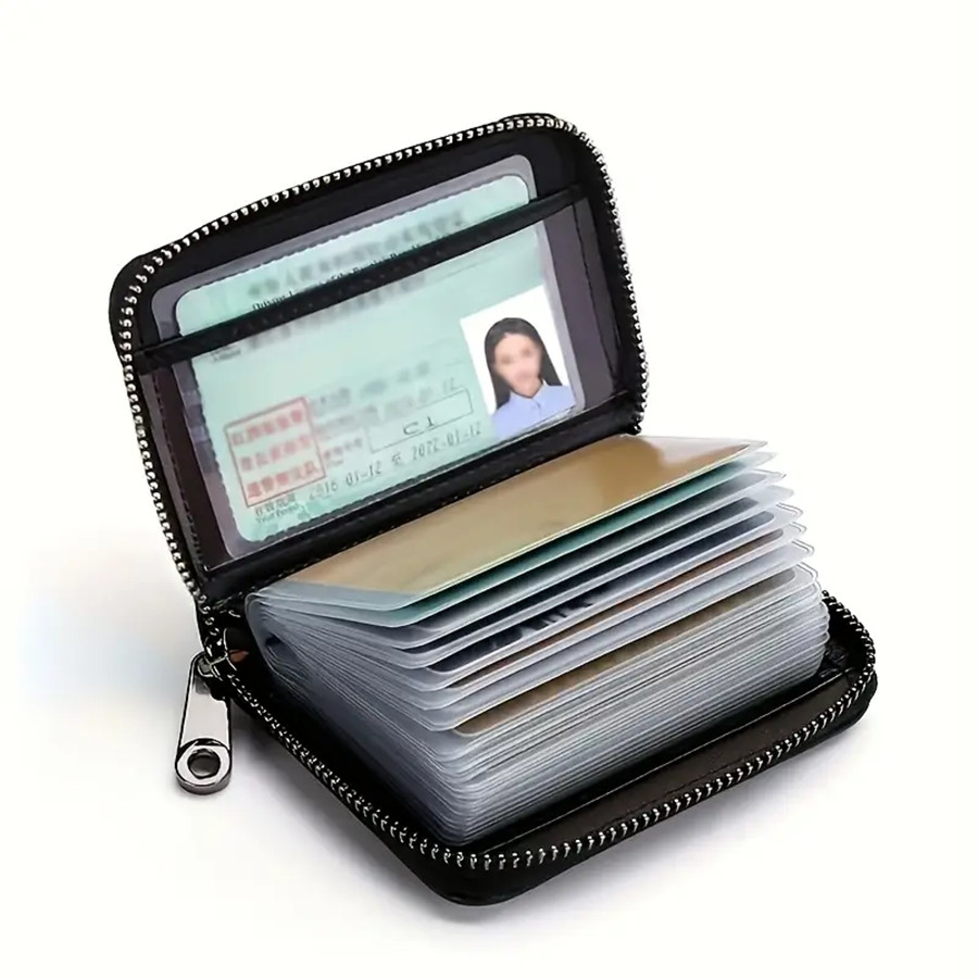Compact Genuine Leather Zipper Wallet – RFID Blocking Secure Card Organizer