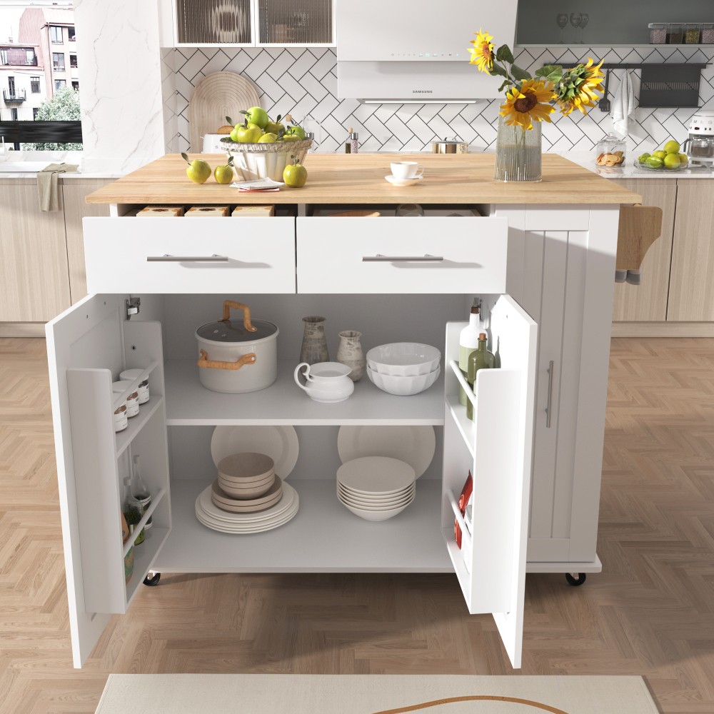 Kitchen Island with Drop Leaf with 3 Tier Pull Out Cabinet Organizer, White